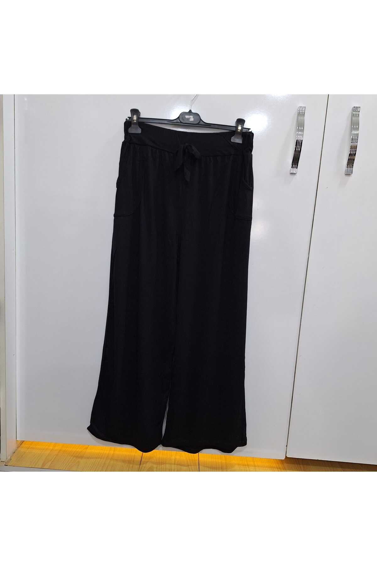 NUR TEKSTİL kadın siyah beli lastikli cepli viskon pamuklu penye pijama pantolon 40-42-44-46 bedene kadaruyumlu