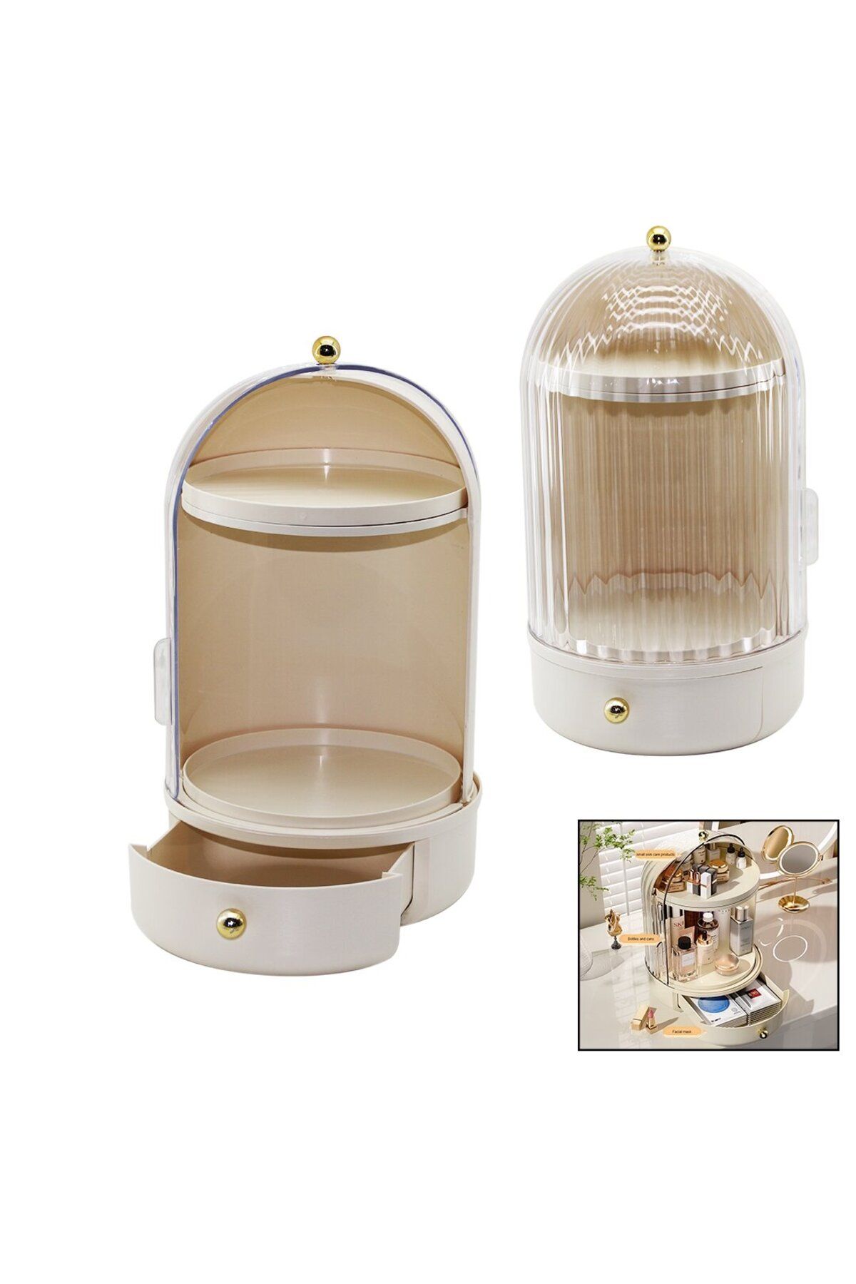 STOREMAX svticaret VİTRİN 360°Ç:21 -Y:38CMKOZMETİK ORGANİZER ŞEFF KAPAK- DÖNER RAFÇEKMECE+2 KAT mhm