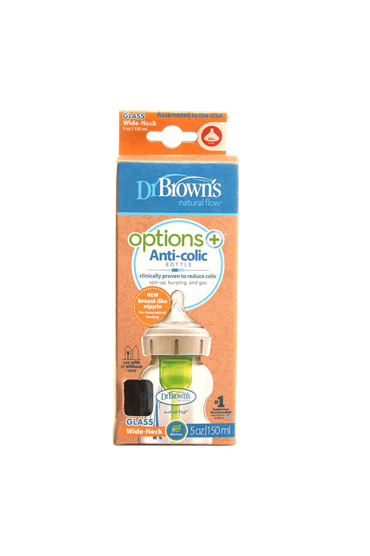Dr.Brown's DB51730 Dr Browns Options+ Geniş Ağız Antikolik Cam Biberon 150 ml 0+ Ay