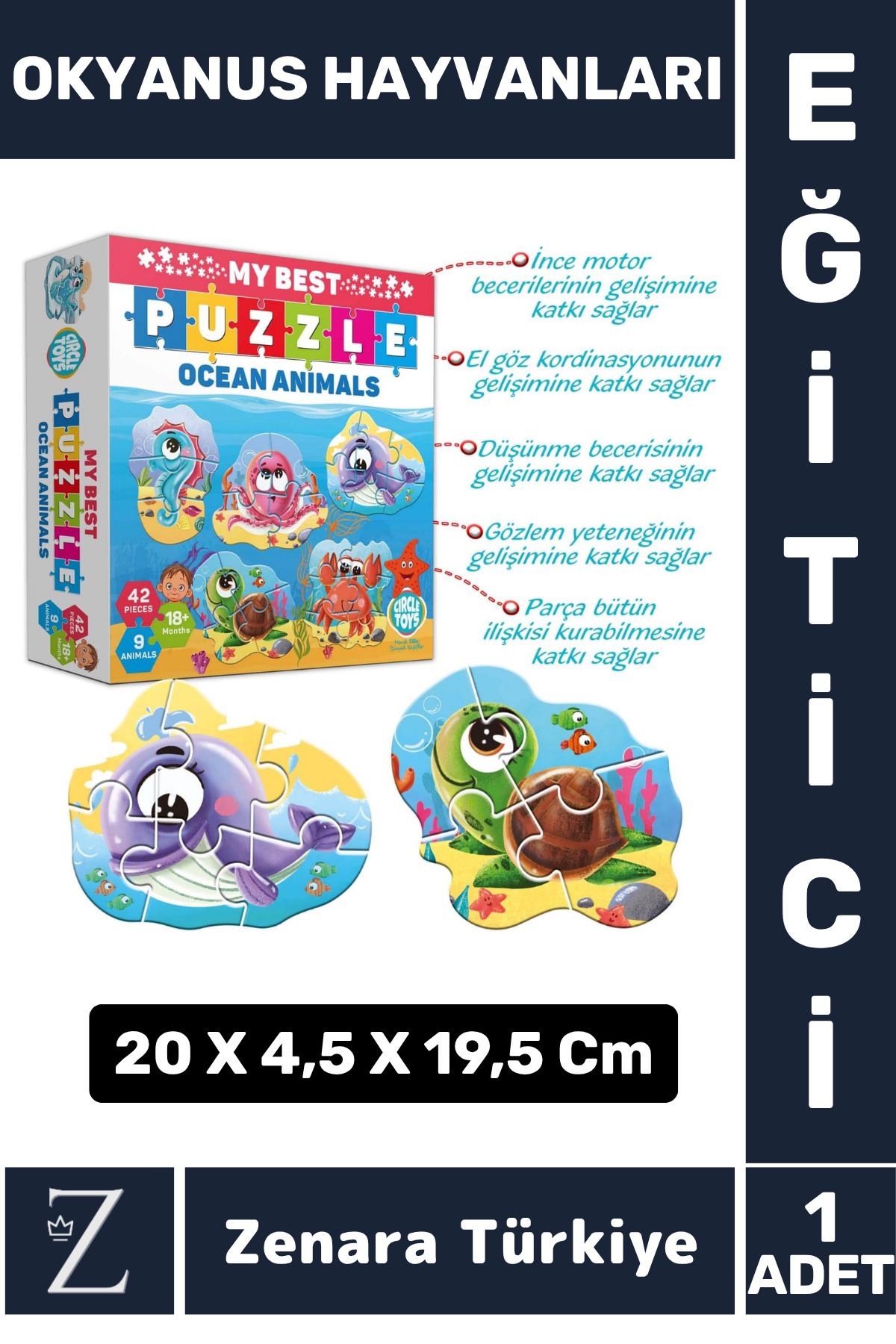 Zenara Çocuk Eğitici Zeka El Göz Koordinasyonu İnce Motor Beceri Geliştirici Puzzle OKYANUS HAYVANLARI
