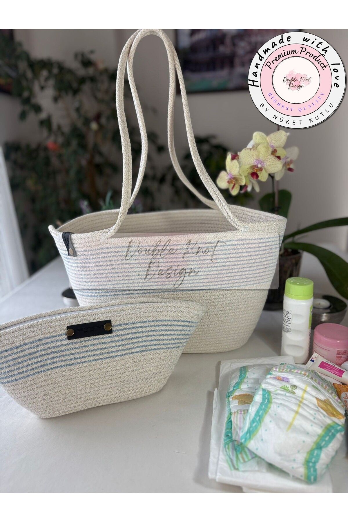 DOUBLE KNOT DESİGN BABY 2li Takım Bebek Bakım Çantası,El Çantası Clutch Kadın Çanta,Hediyelik, hasır Tress