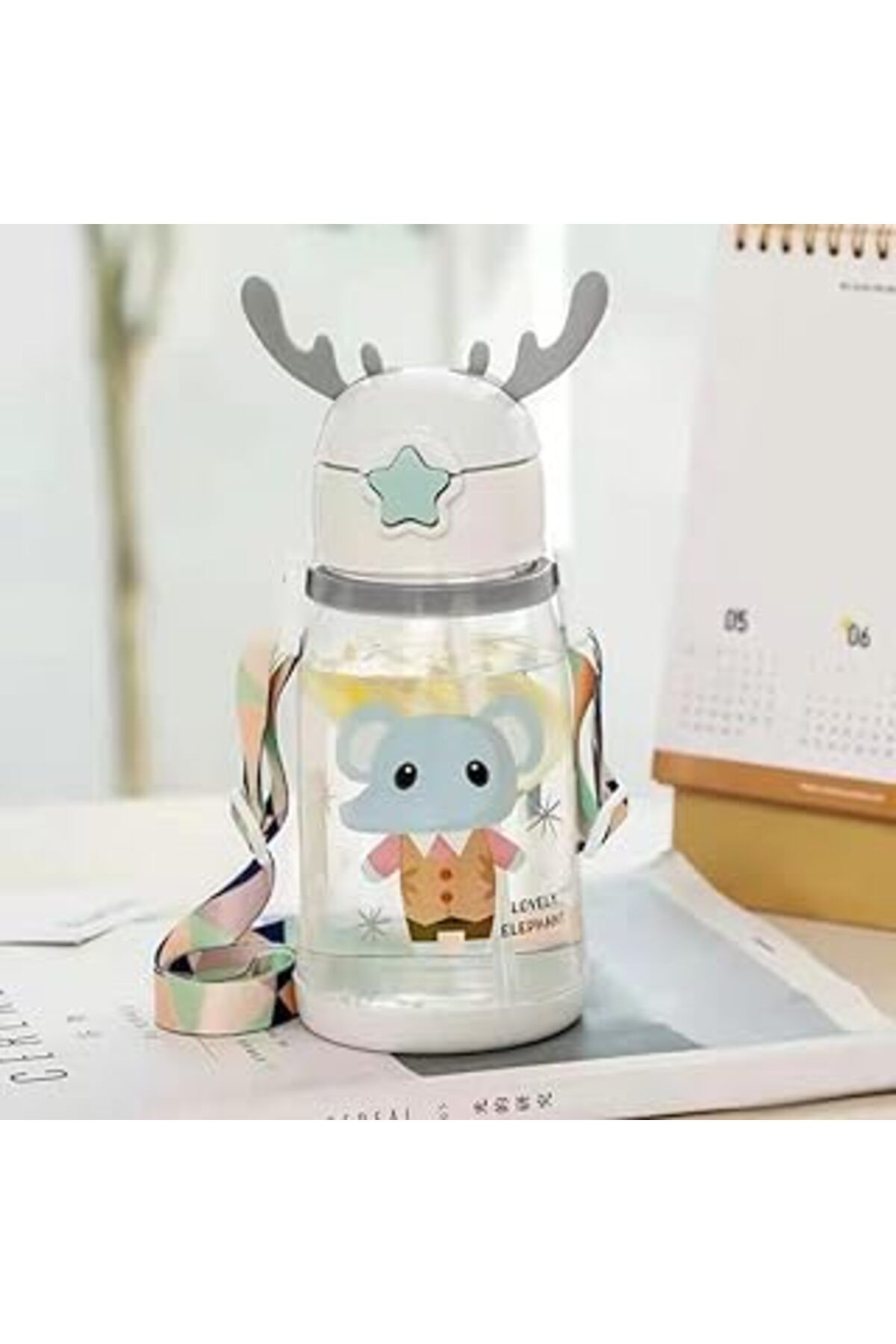 Mu Art Ahşap Fethiye Toptan Geyik Su Matarası Figürlü Pipetli Matara Askılı Çocuk Suluğu 500ml