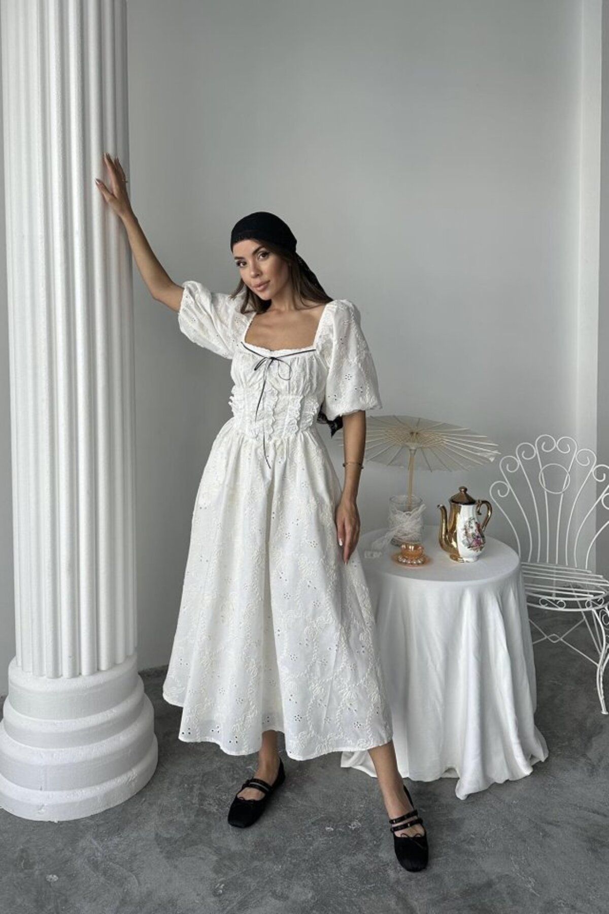 munn collection Ekru Dantel Detaylı Brode Elbise