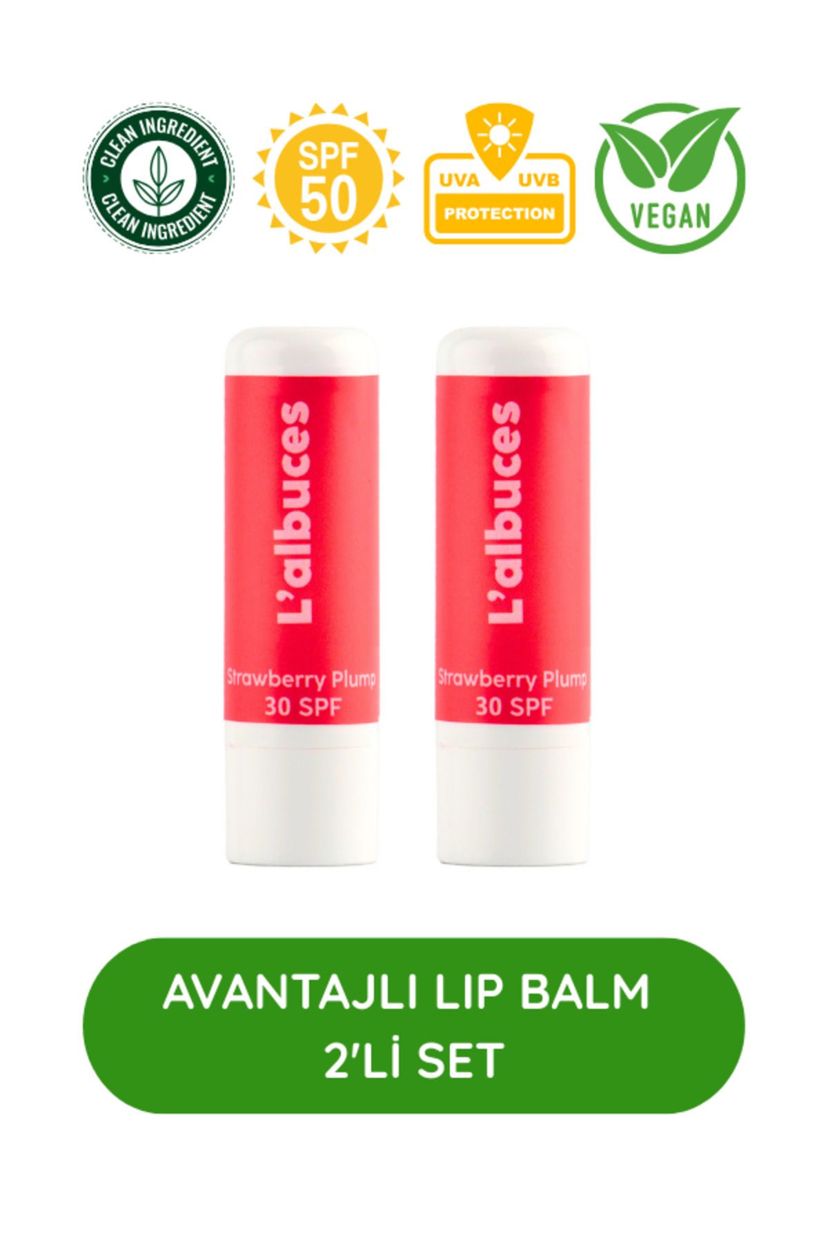 L'albuces Strawberry 30 SPF Plump Lip Balm İkili Set-Dolgunlaştırıcı Dudak Nemlendiricisi