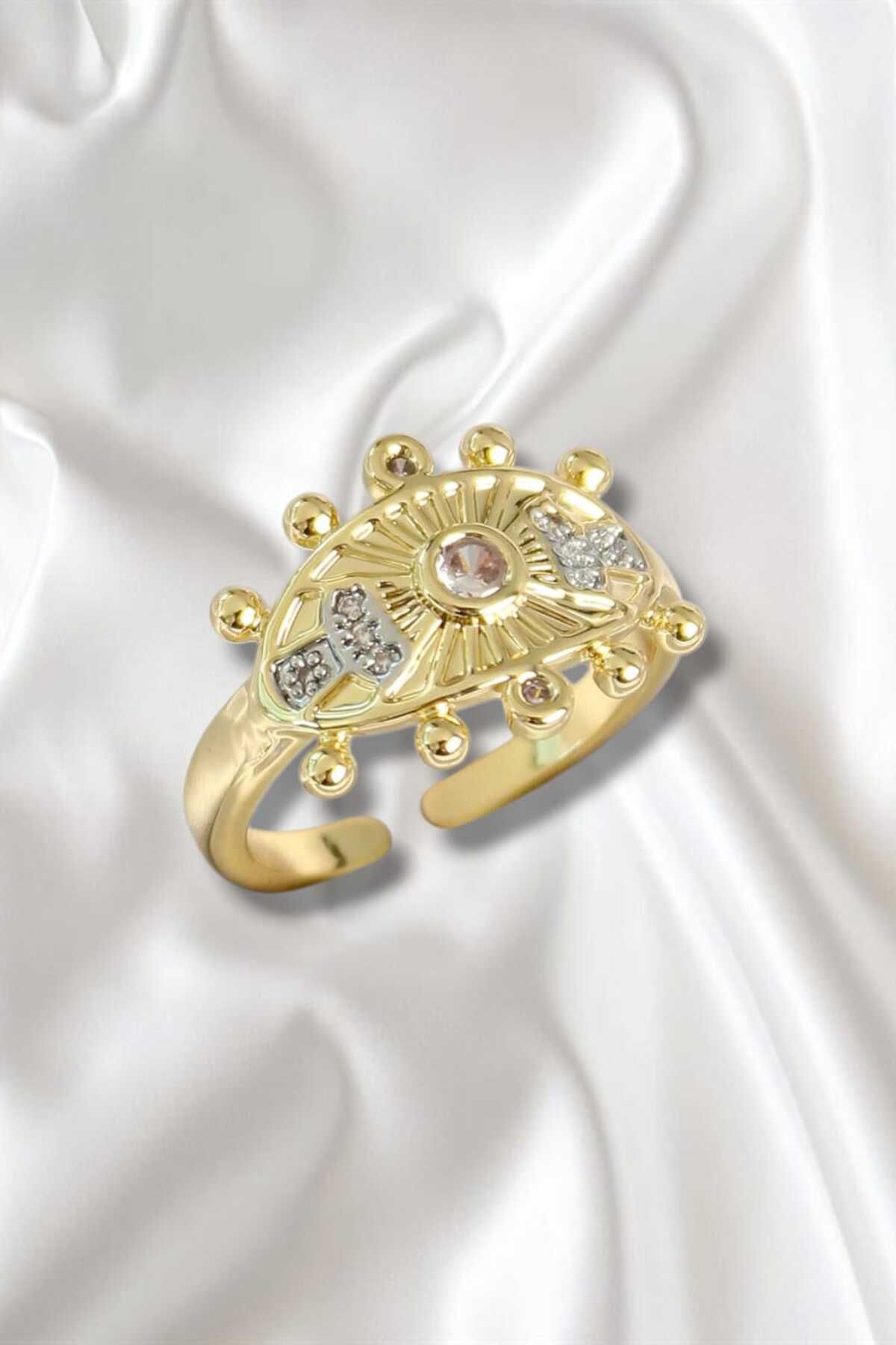 REBORN DESIGN Pirinç Göz Figürlü Zirkon Taşlı Gold Renk Ayarlanabilir Kadın Yüzük