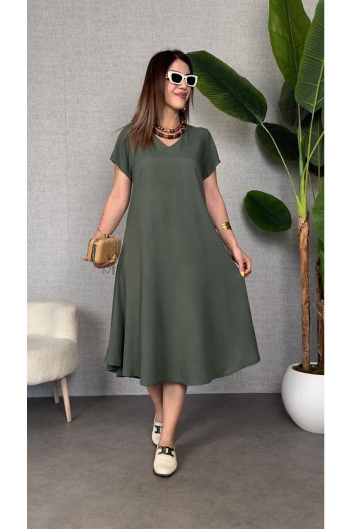 munn collection Kadın Kısa Kollu V Yaka Salaş Maxi Boy Elbise