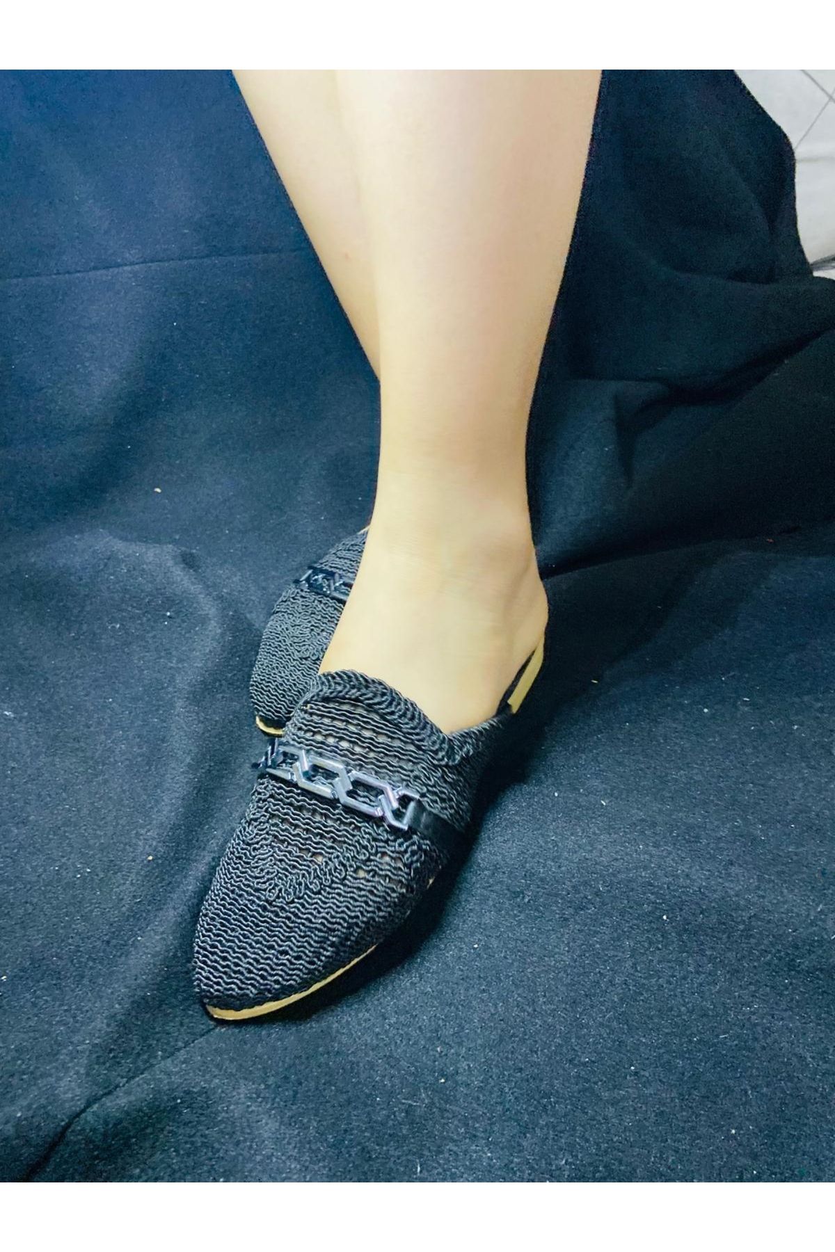 FABİRE WEAR KADIN SİYAH ZİNCİRLİ TERLİK ÖNÜ KAPALI HASIR DANTEL ÖRME GÜNLÜK SANDALET TERLİK
