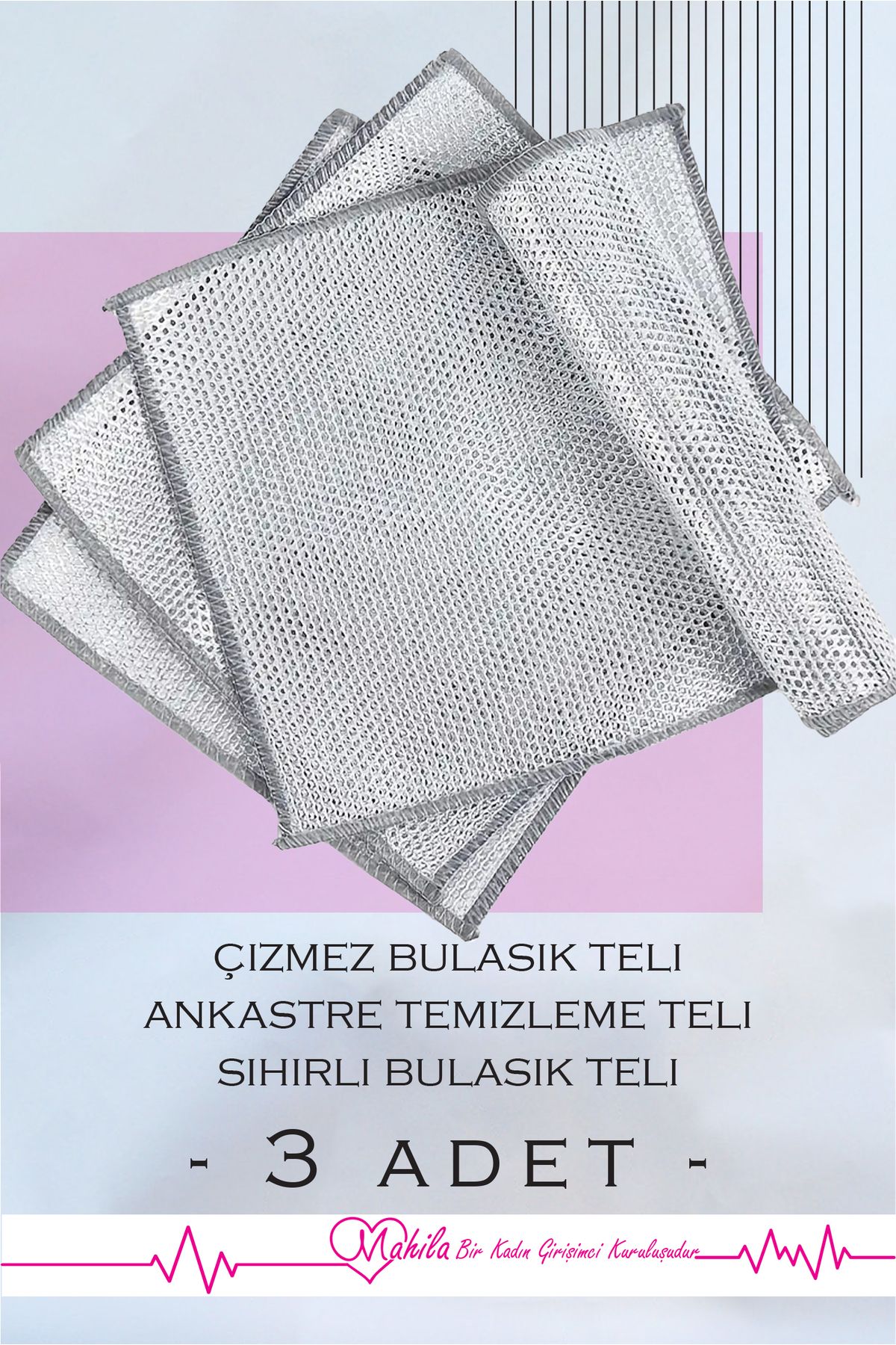 Mahila 3 Adet 20x20cm İnox Tel, Çift Katlı Teflon Tava Çizmez Bulaşık Teli, Ankastra Temizleme