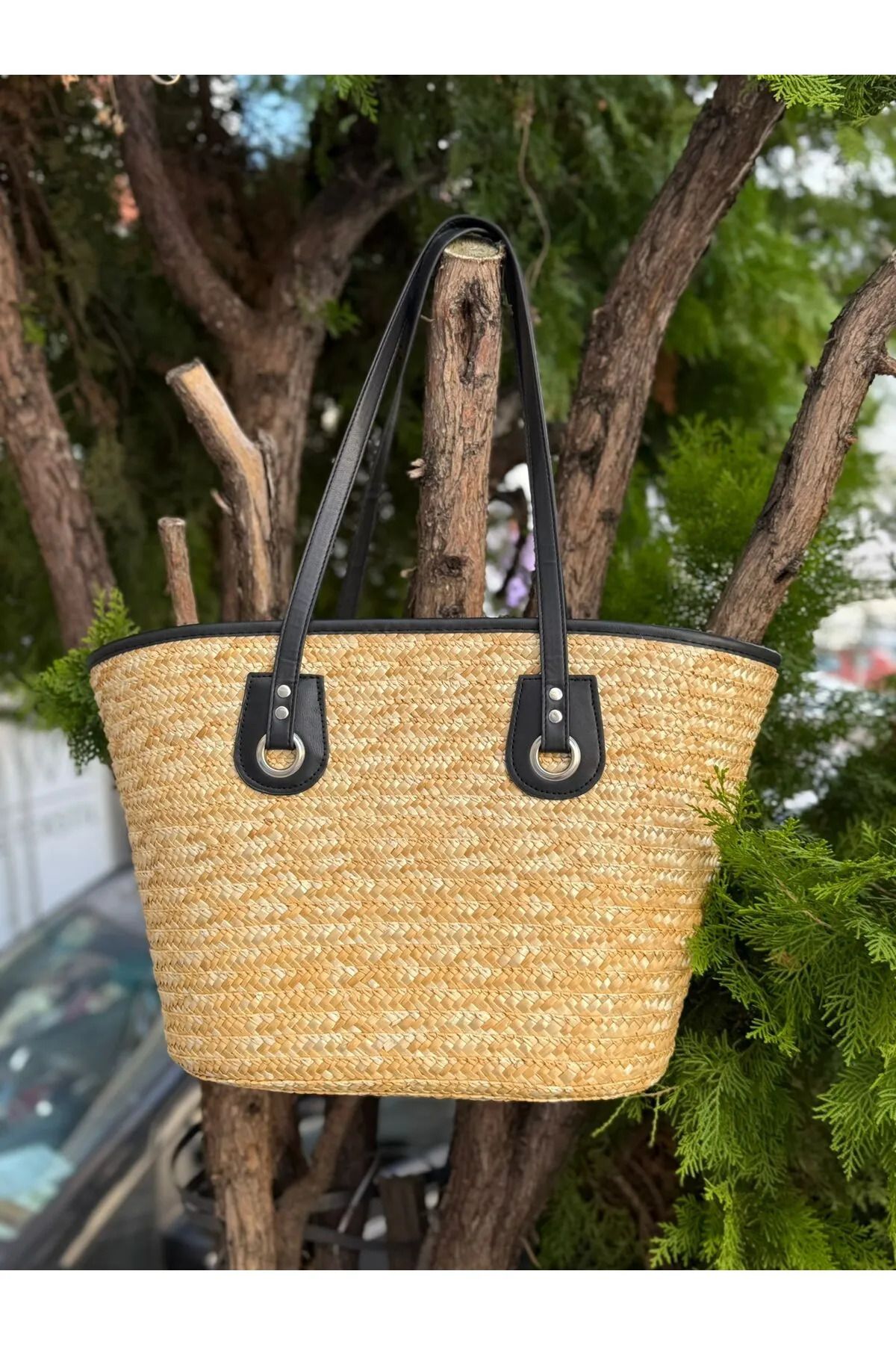 FELLMENS Bej Doğal Hasır Kadın Çanta – Orta Boy 40x26x14 cm
