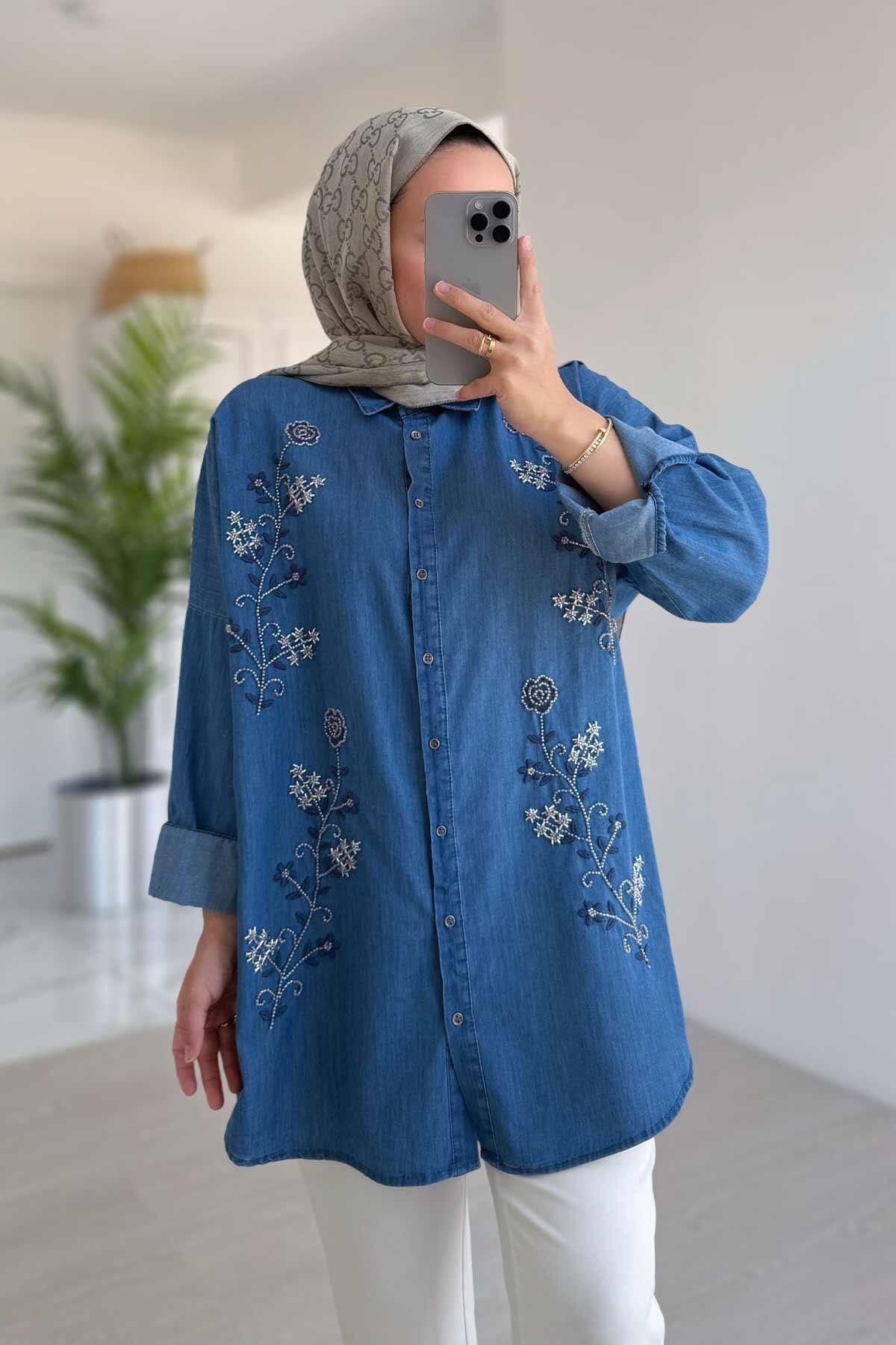 Ka Hijab Boncuk İşlemeli Kot Gömlek - Mavi