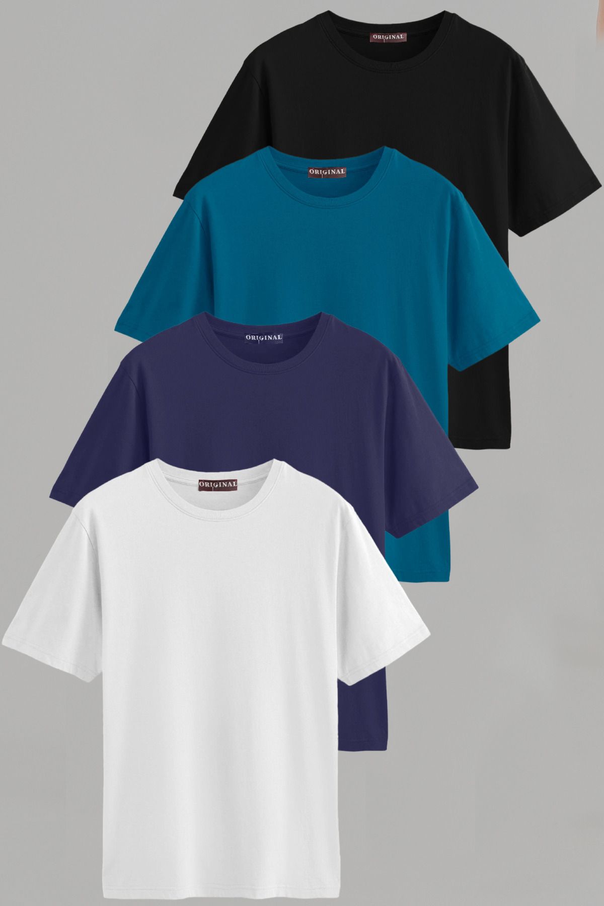 Vien&Karl Erkek Beyaz-Siyah-Laci-Petrol Mavi Slim Fit Bisiklet Yaka %100 Pamuk 4'lü Basic Tişört
