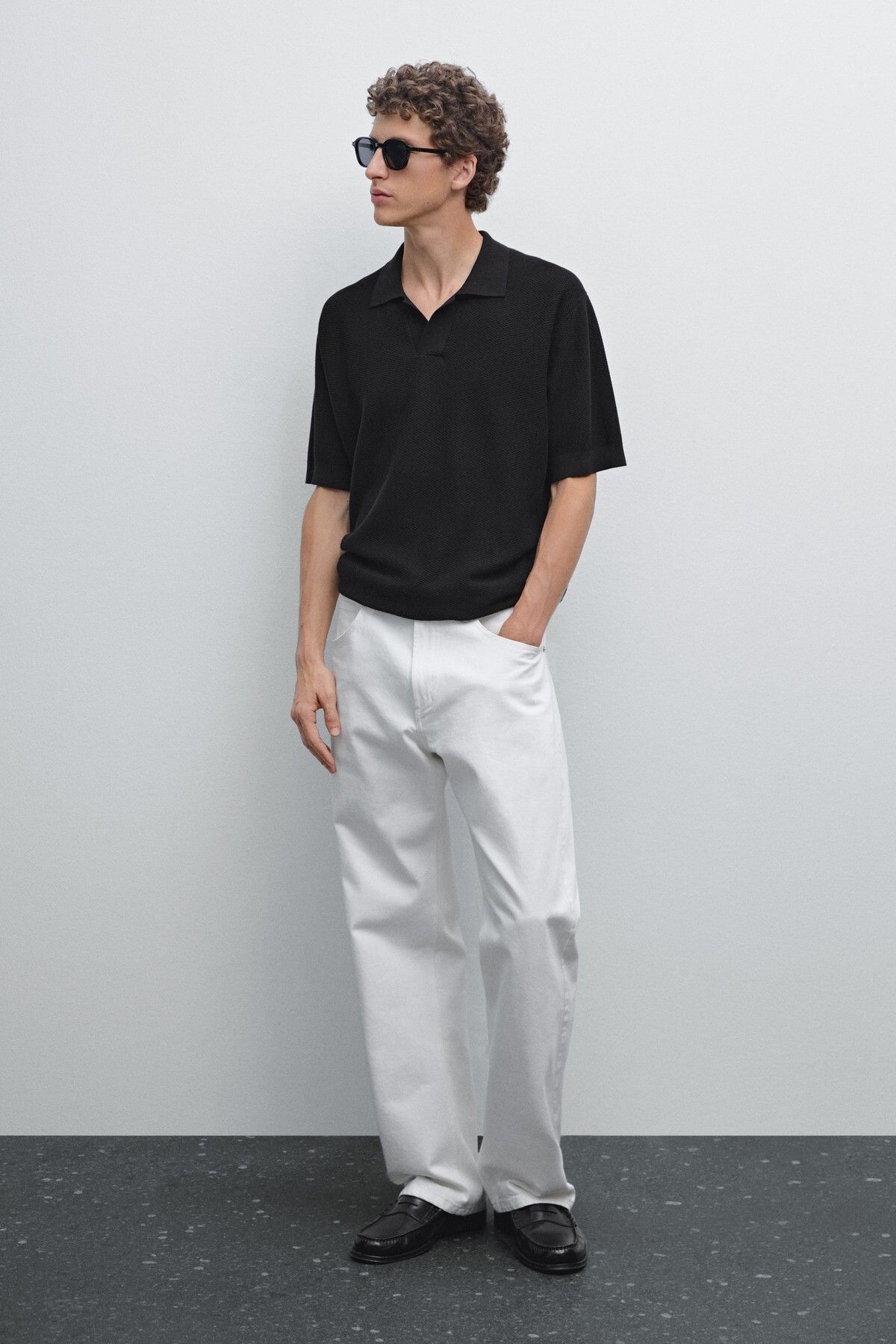 Massimo Dutti Kısa kollu dokulu triko polo yaka t-shirt