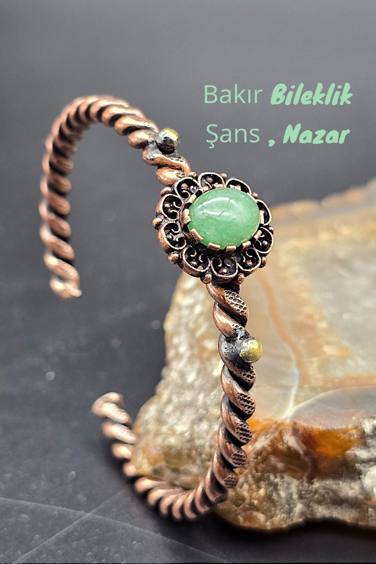 NBS Beautiful Naturel Stones Bakır Bileklik ( Saf ) Ayarlanabilir Aventurin Antik Benzersiz Tasarım Burma ( Nazar )