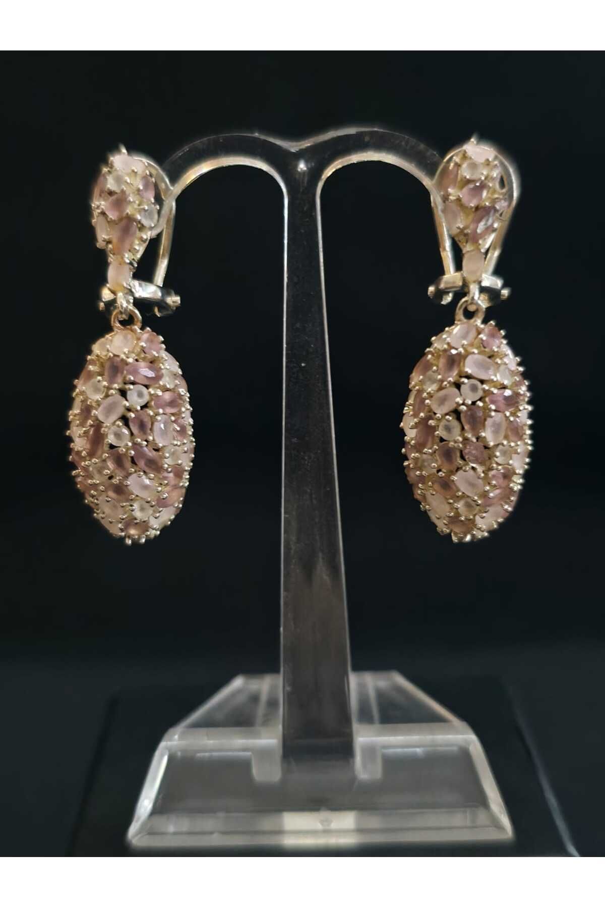 sarıyer silver Pembe Kuvars Doğal Taşlı Özel İşçilik Şık Stil Sallantılı Tasarım 925 Ayar Gümüş Küpe