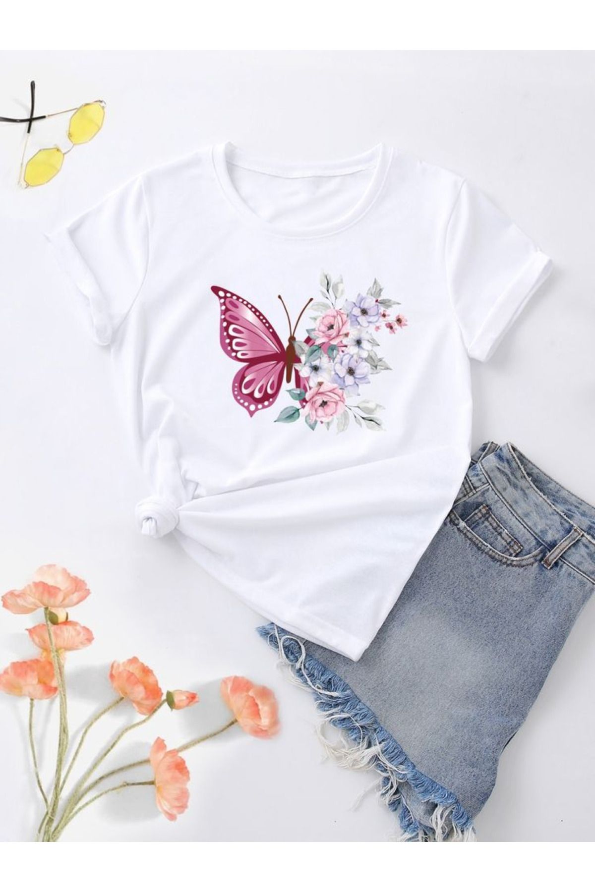 aynewmoda Kadın Kısa Kollu Kelebek Baskılı Tişört