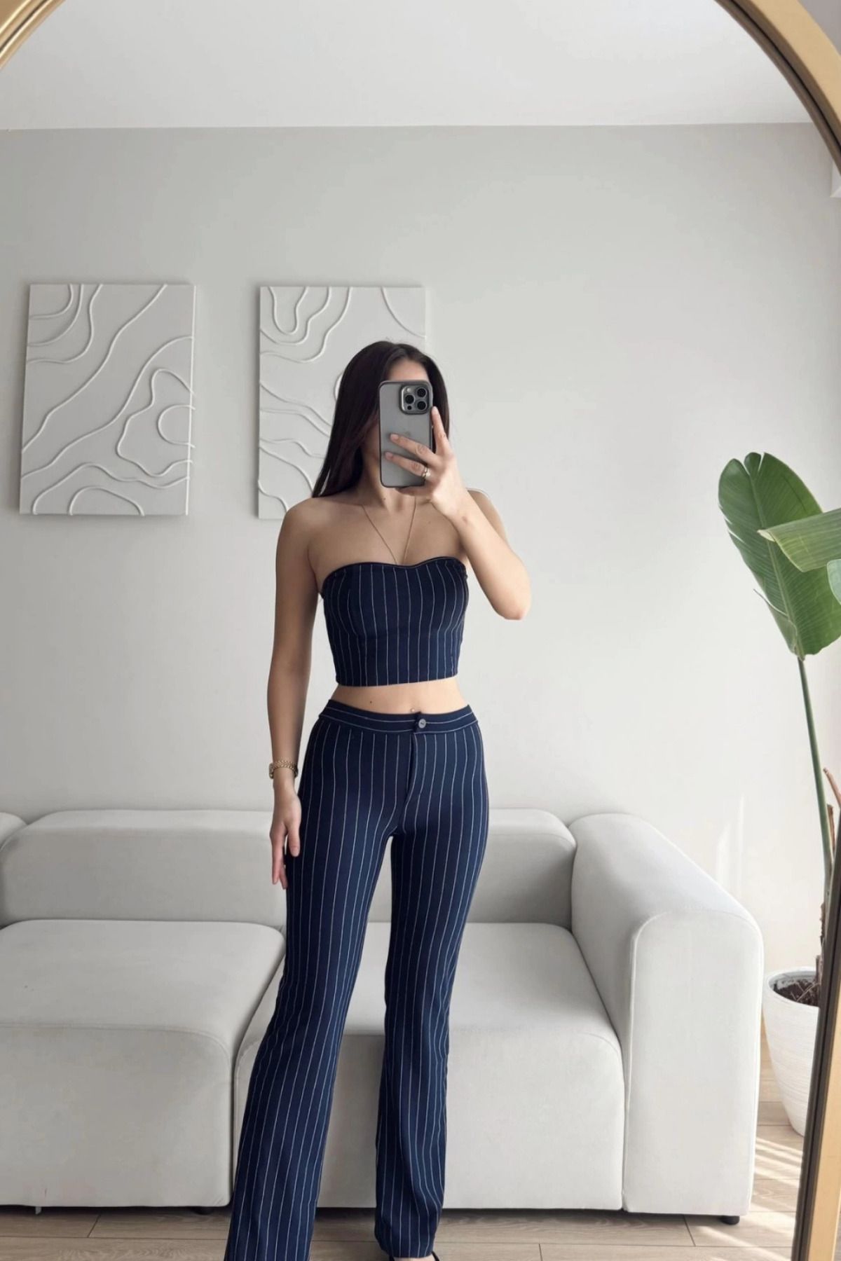 MOZENA Çizgili Straplez Crop ve Pantolon Takım