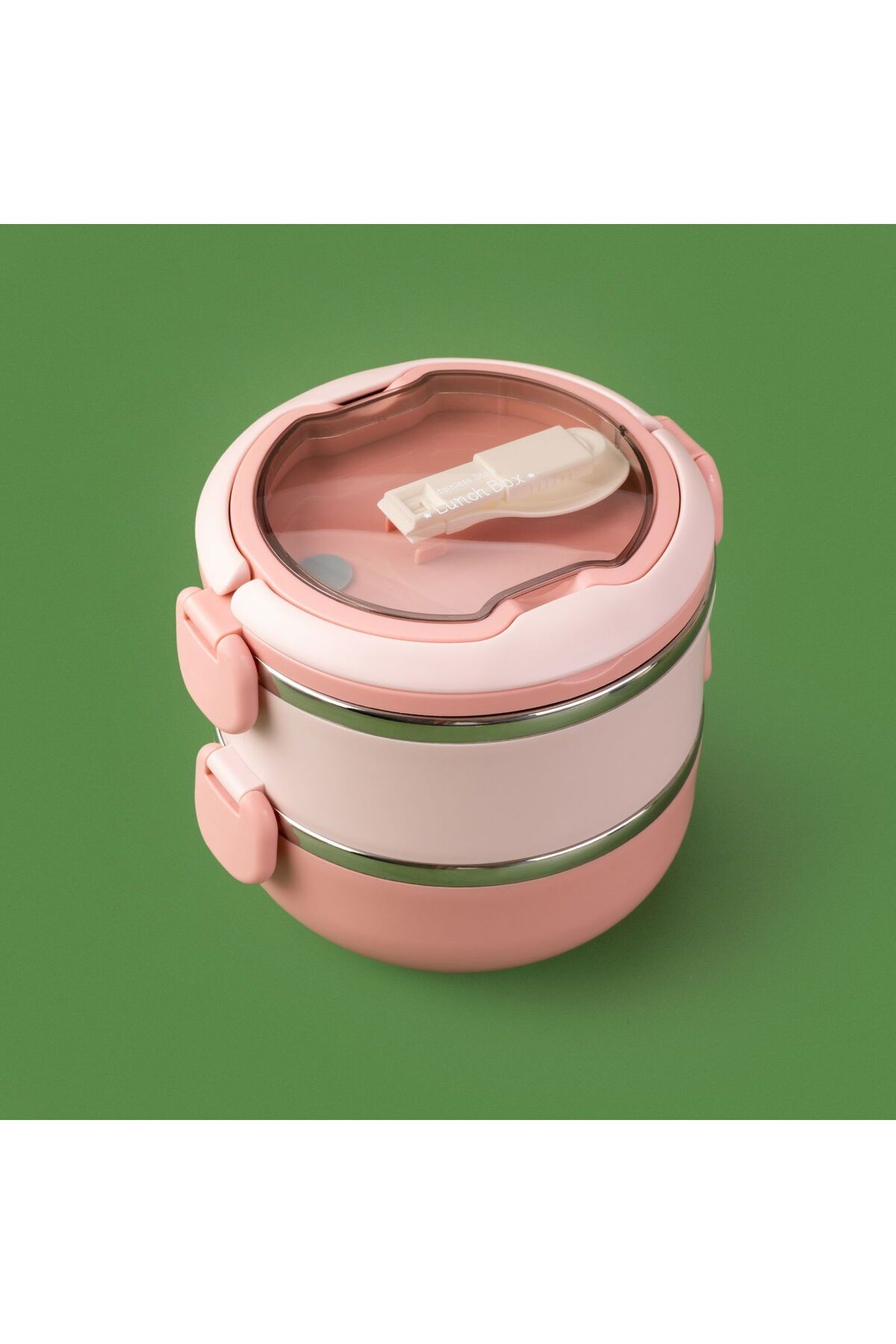 ASPARTAM Yuvarlak 2 Katlı Çatal ve Kaşıklı Yemek Taşıma Kabı - Pembe - 850 ml