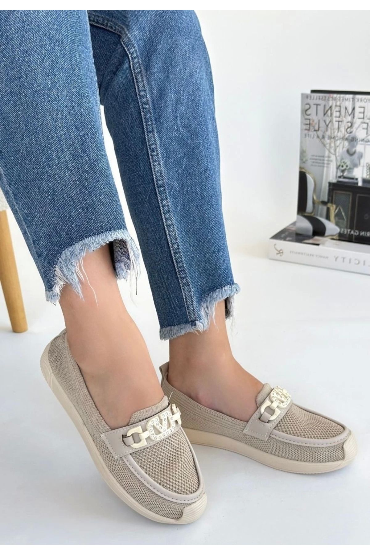 HACESHOP Wata Bej Triko Babet Ayakkabı