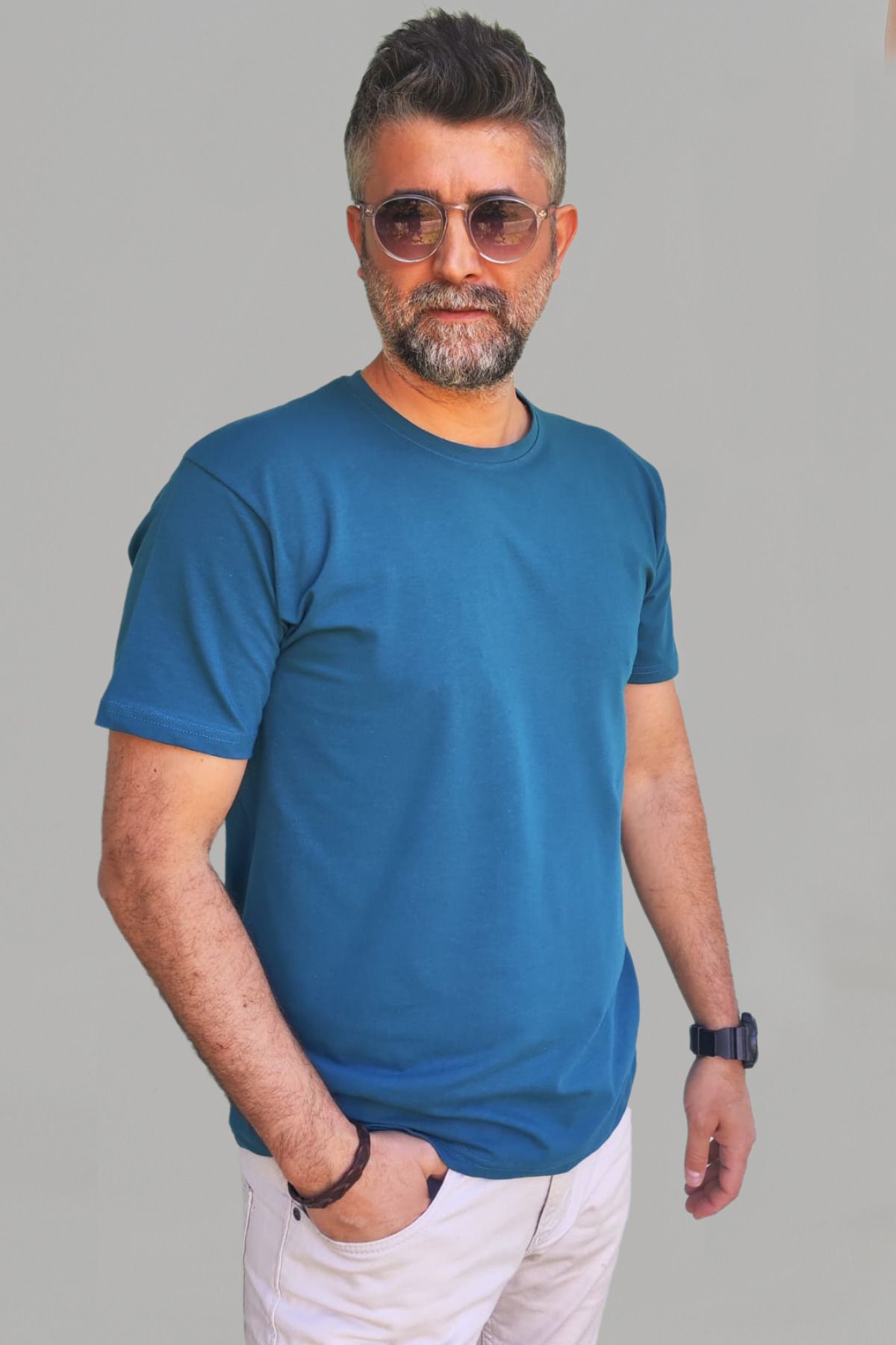 Vien&Karl Erkek Petrol Mavi Slim Fit Bisiklet Yaka %100 Pamuk Basic Tişört