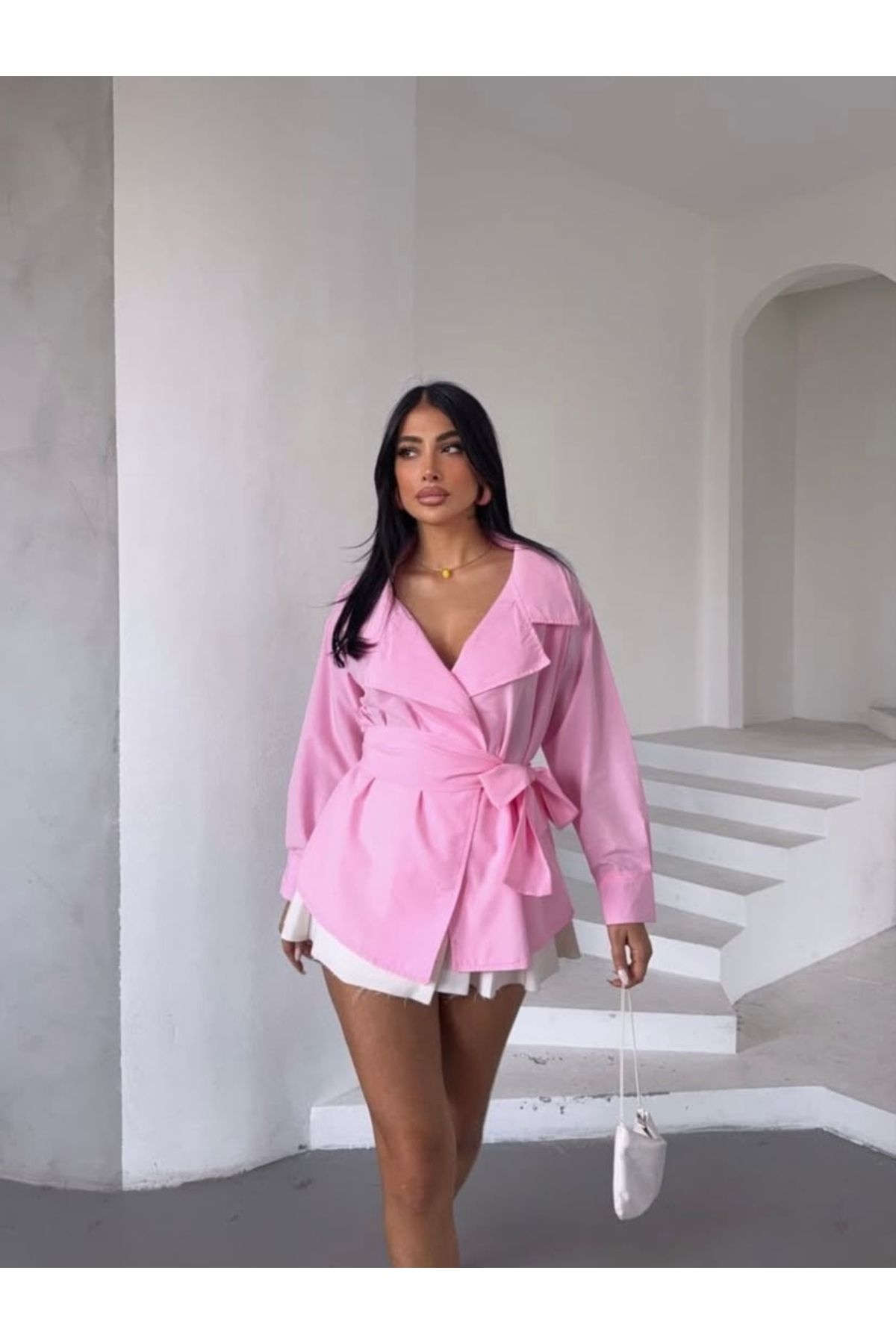 Neba Boutique Kadın Kuşaklı Pembe Gömlek