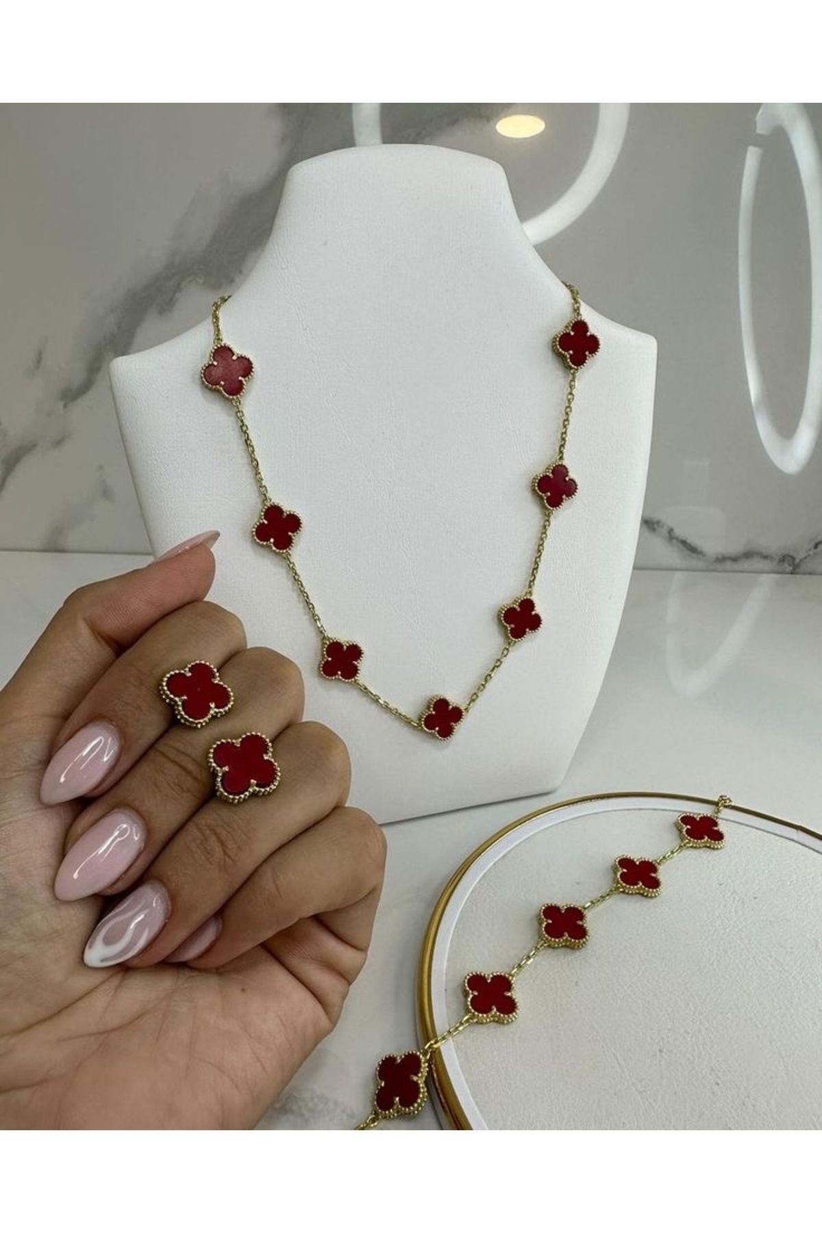 ANGELSS JEWELLERY Bordo Yonca Van Cleeff Kolye Bileklik Küpe Seti (3’lü Bordo Yonca Kolye Bileklik Küpe Seti)