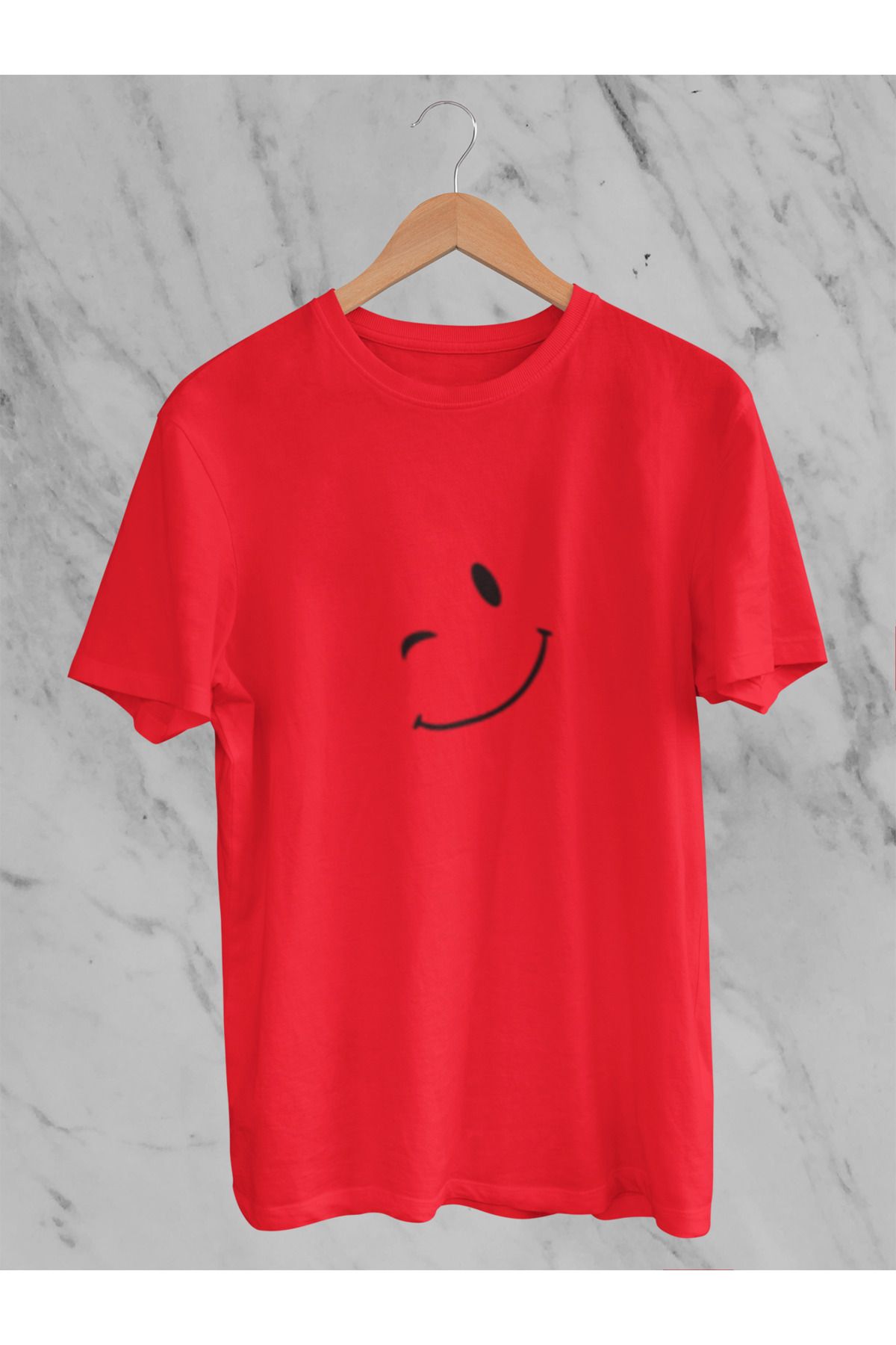 MG GÜLEN YÜZ BASKILI UNISEX BİSİKLET YAKA PAMUKLU OVERSIZE KALIP KISA KOLLU T-SHIRT