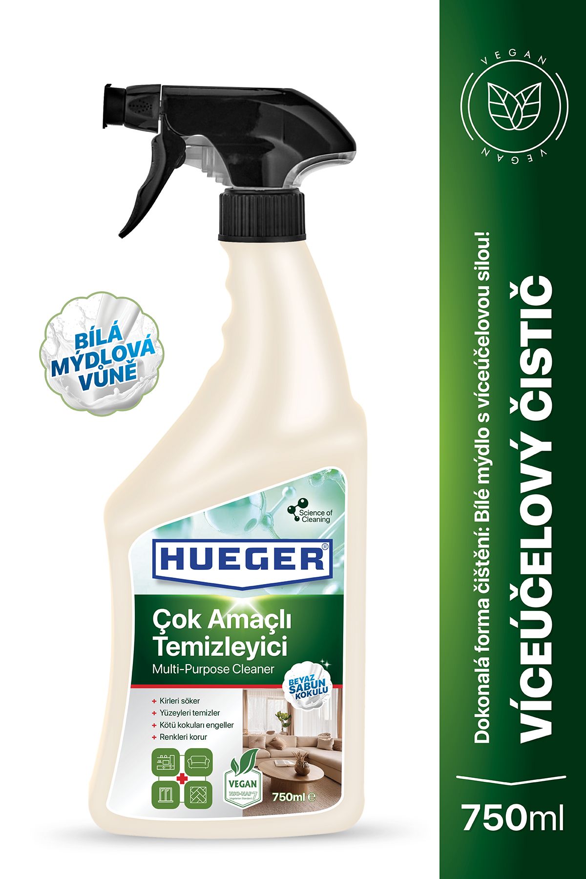 Hueger-Víceúčelový Vegan Čistič – Silný Čistič S Pěnou A Rozprašovačem, Vůně Bílého Mýdla, 750 ml 1
