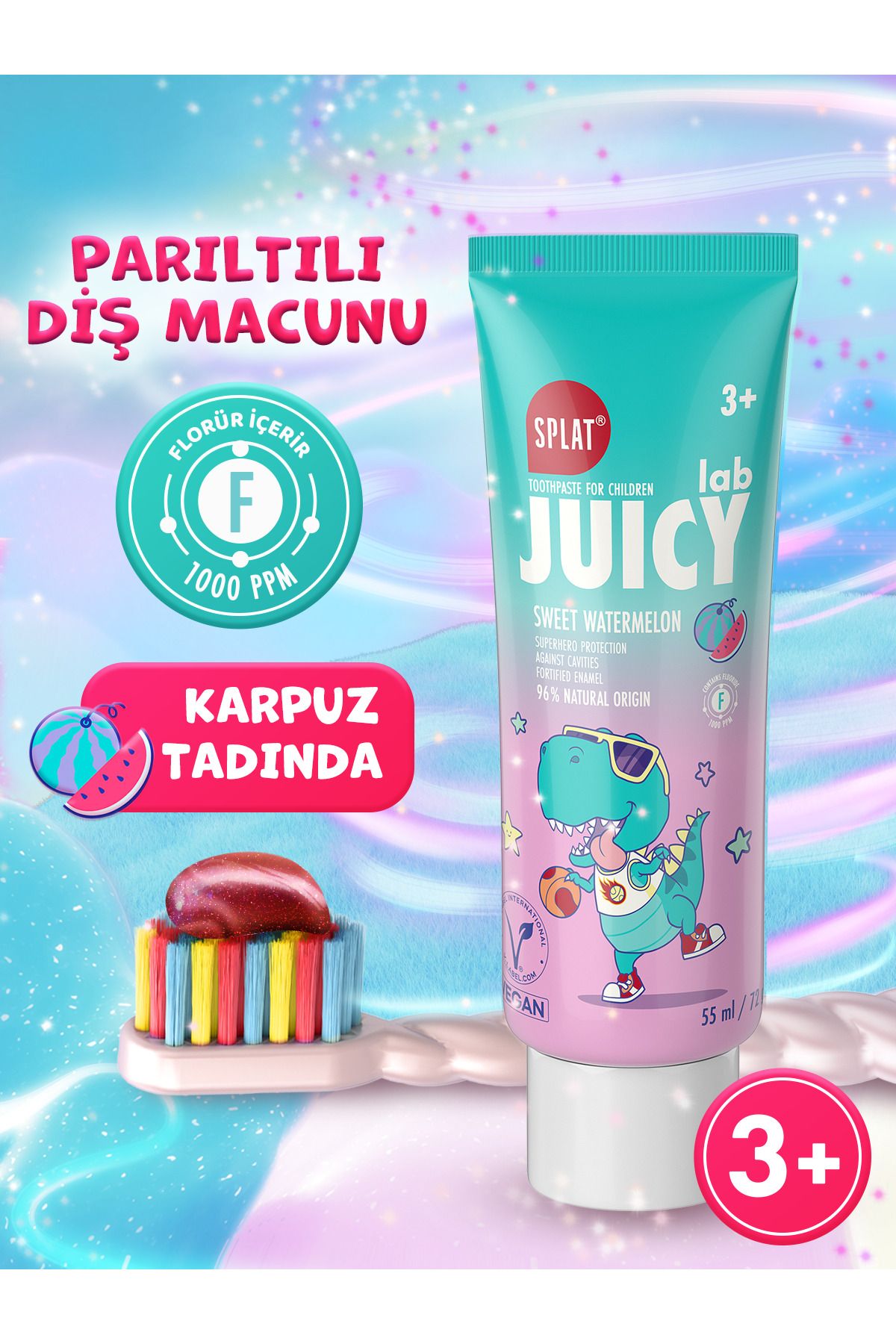 Splat Juıcy Lab +3 Yaş Karpuzlu Çocuk Diş Macunu Renkli Simli Çürük Önleyici Doğal Macun