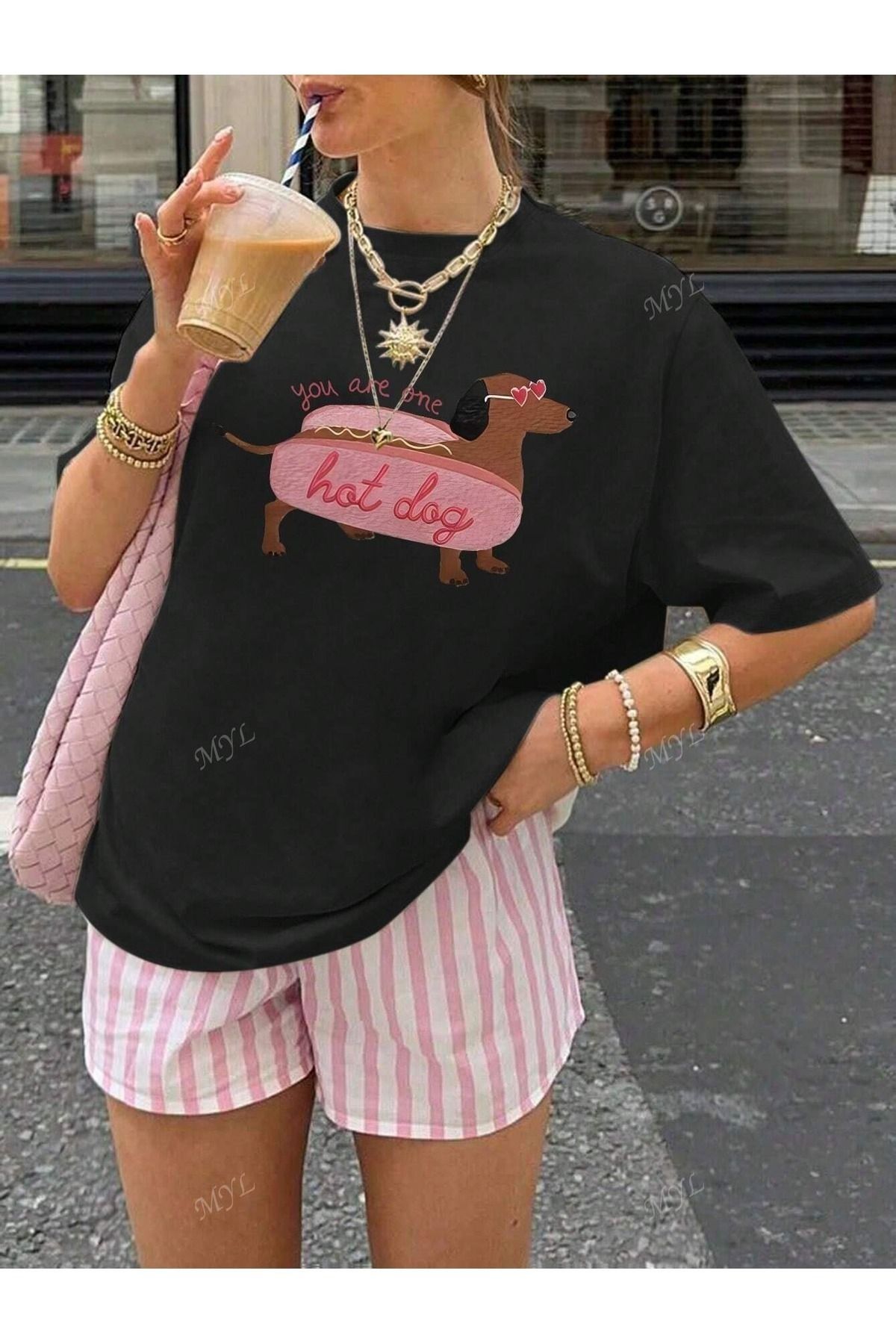 PALPİTO Kadın Siyah Hot Dog Baskılı Oversize T-Shirt