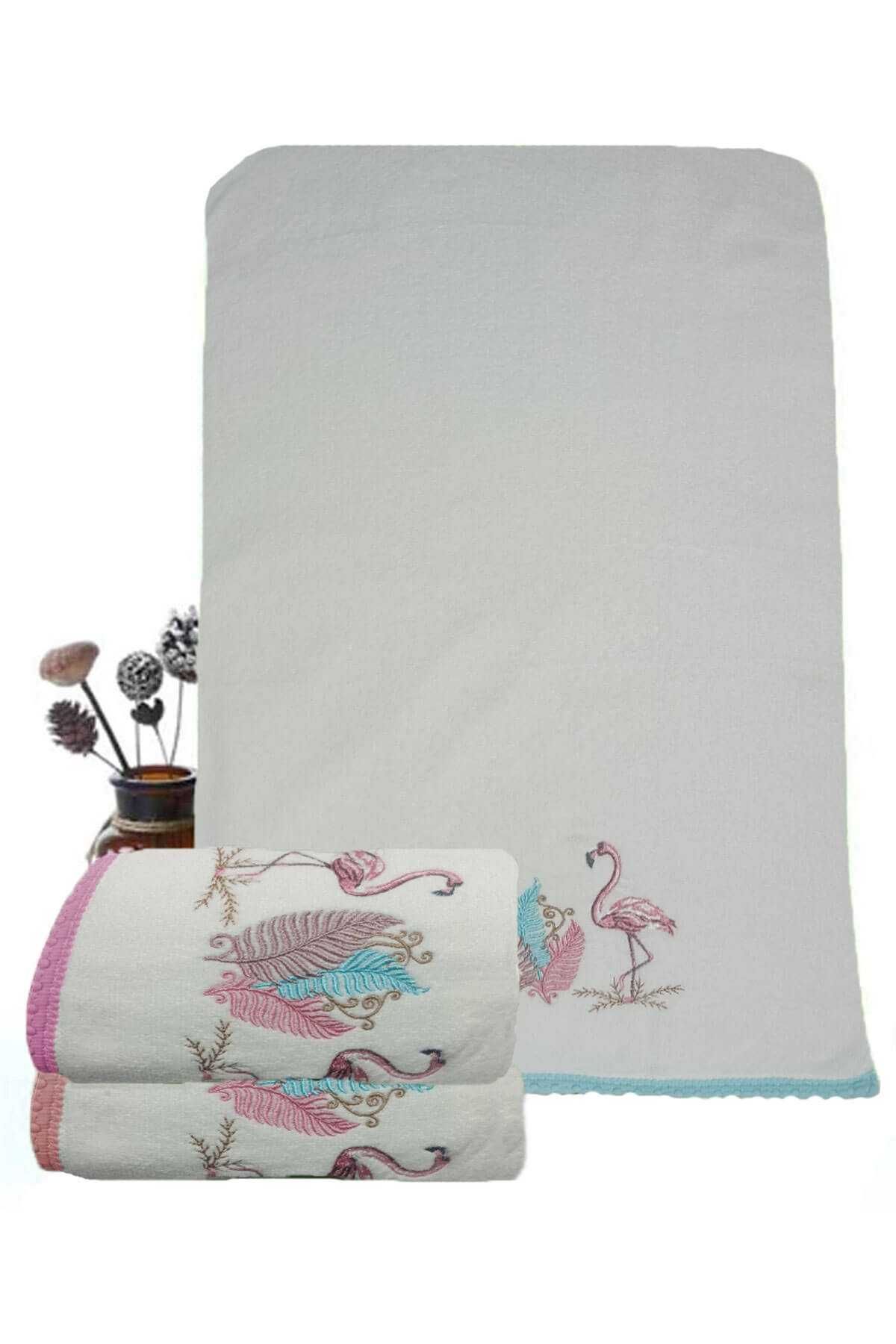 merland benvecocuk 3 Lü Renkli Kuğu Nakışlı Su Taşı Kenar İşlemeli Havlu Seti 50X90 Cm