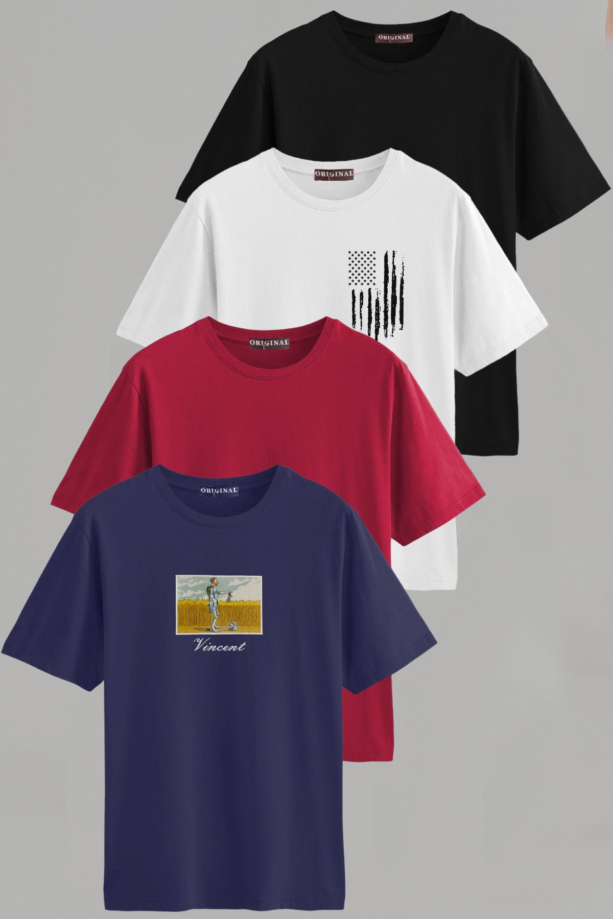 Vien&Karl Erkek Desenli-Düz Karışık Slim Fit Bisiklet Yaka %100 Pamuk 4'lü Basic Tişört