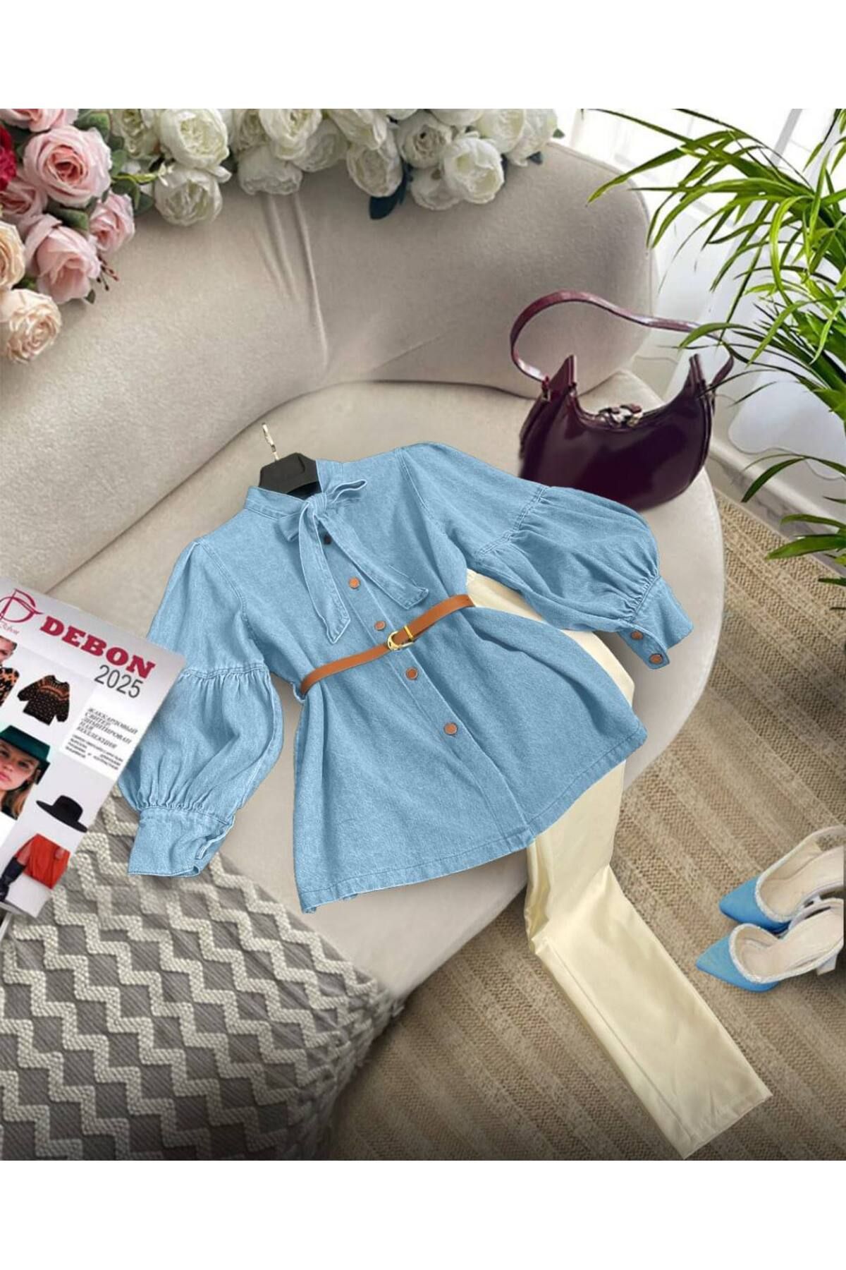 zümrüt moda yakası kravat detaylı ceket ve pantolon , ikili kot takım 1805