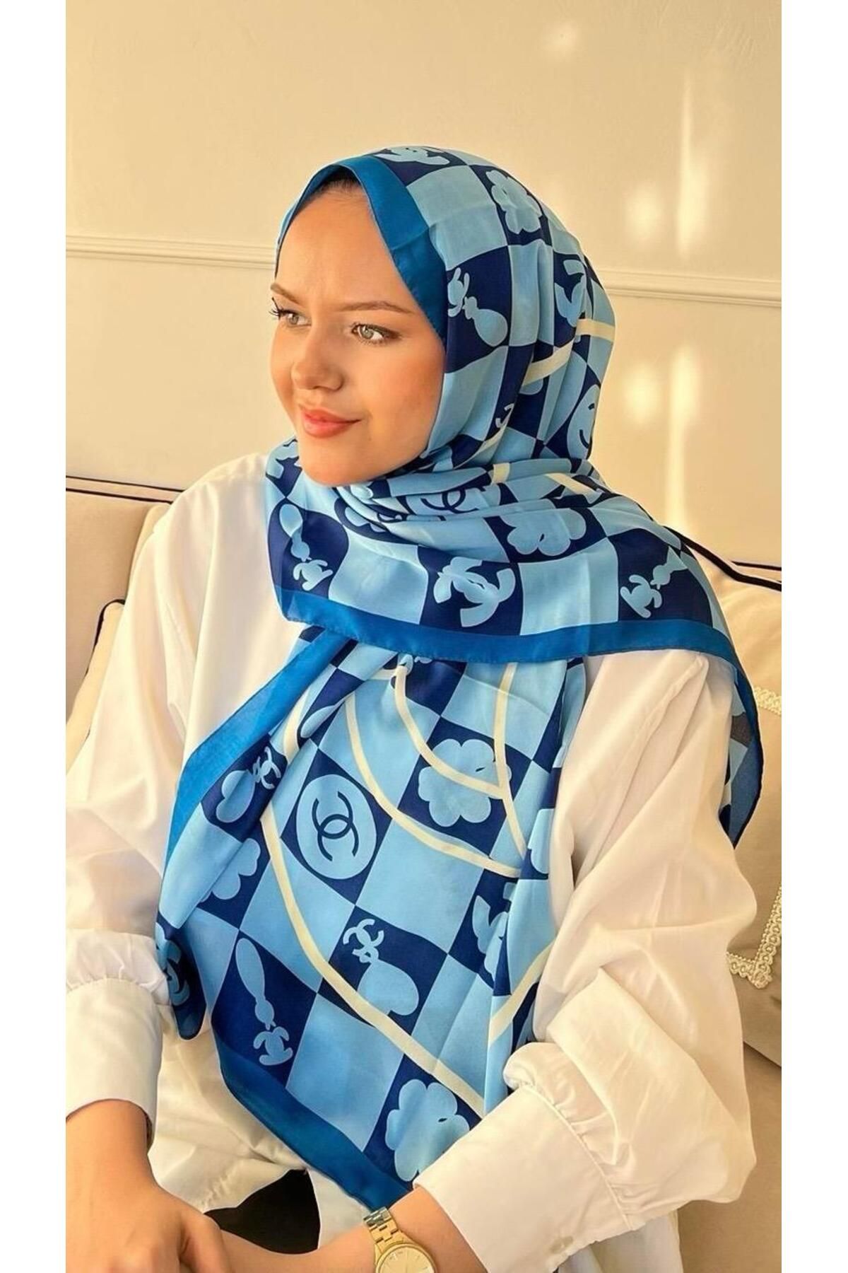 modayışığı Dama Model Vual İpek Şal Mavi