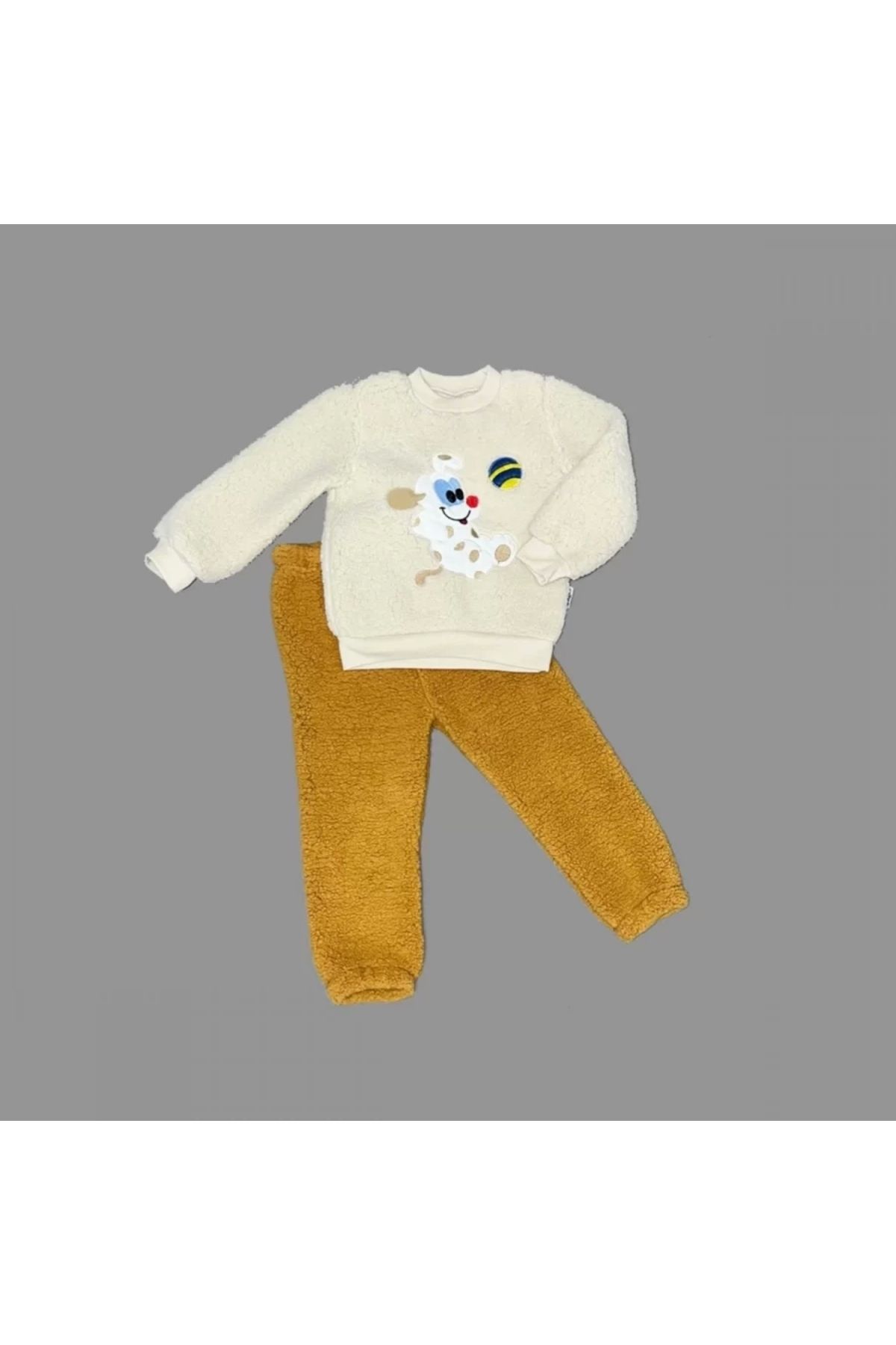 mega fair 1-2-3 Yaş Toplu Köpek Nakışlı Kuzu Kumaş Sweat Pantolonlu Uzun Kollu Kız Erkek Bebek Takımı Hardal