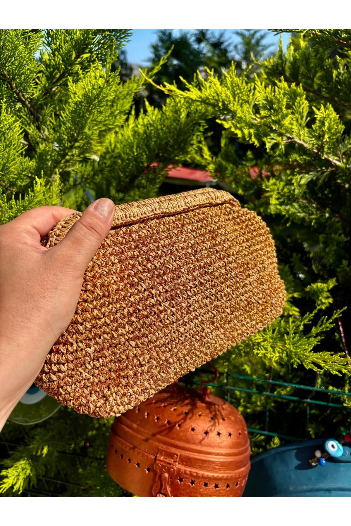 UNİCORNS Hasır El Çantası, Hasır Clutch, Burslu Çanta, Metalik Bakır Hasır El Çantası