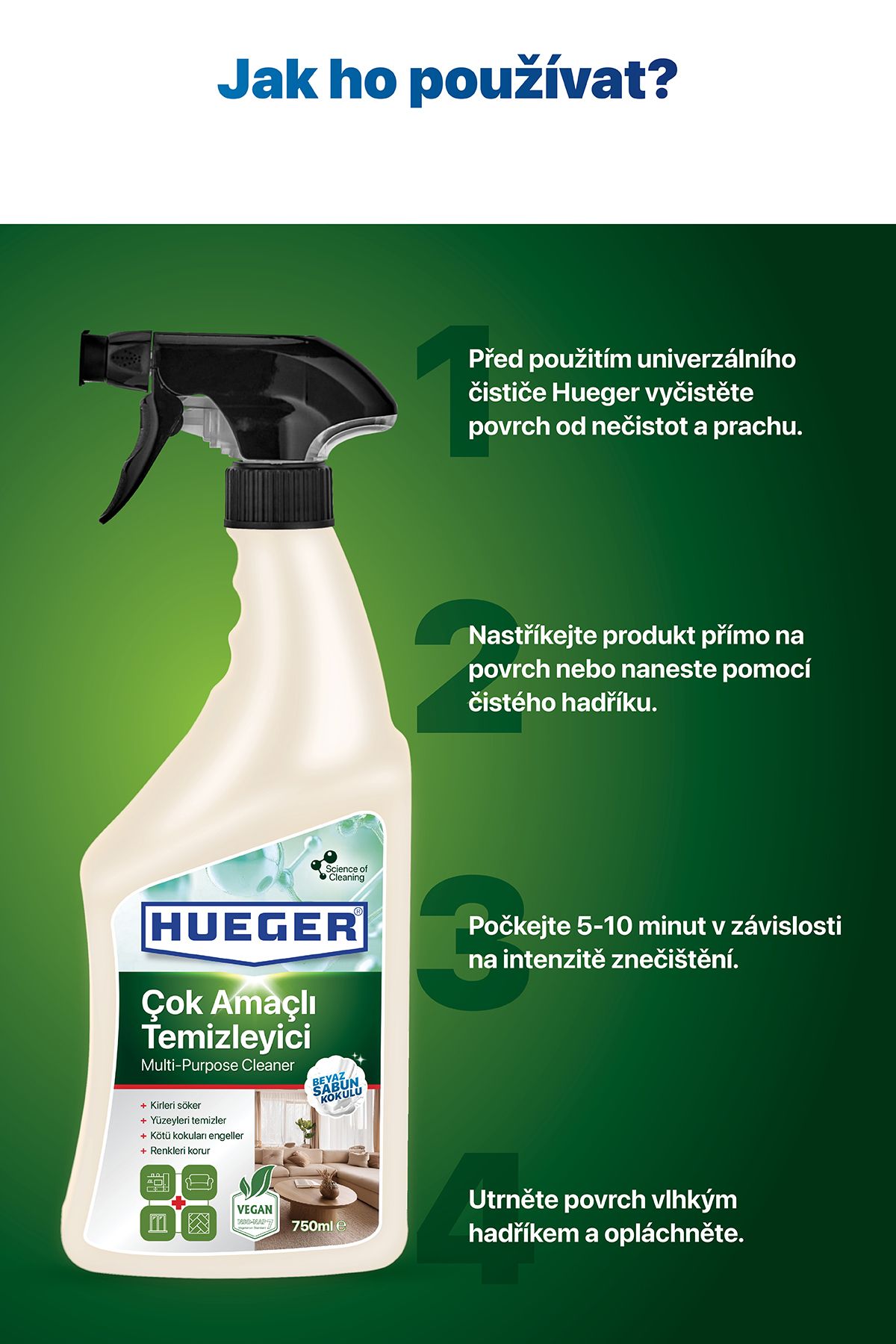 Hueger-Víceúčelový Vegan Čistič – Silný Čistič S Pěnou A Rozprašovačem, Vůně Bílého Mýdla, 750 ml 4