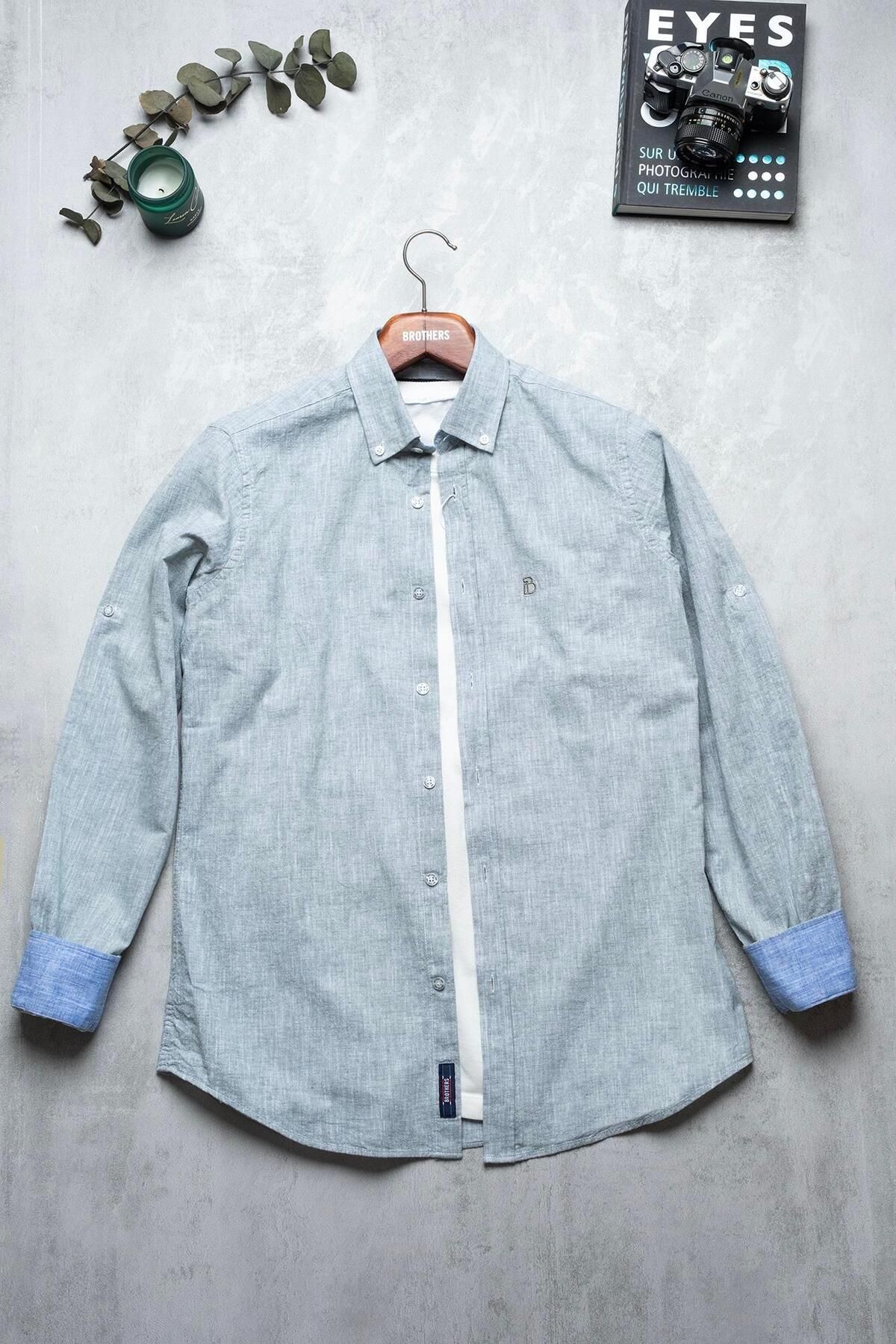 Brothers Erkek Tailored Fit Uzun Kol Logo Nakışlı Yıkamalı Pamuk Keten Gömlek Lindy Ls B01.251.709 -