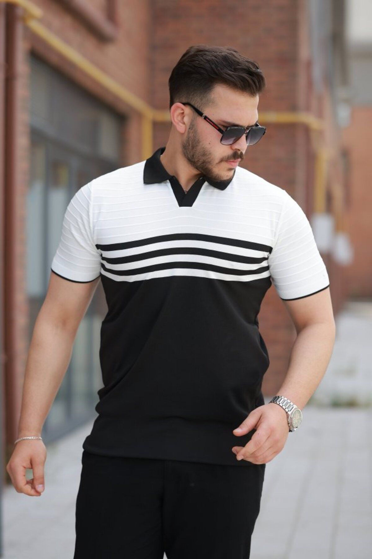 DRGY Erkek çizgi Desenli Yakalı Kısa Kollu T-shirt