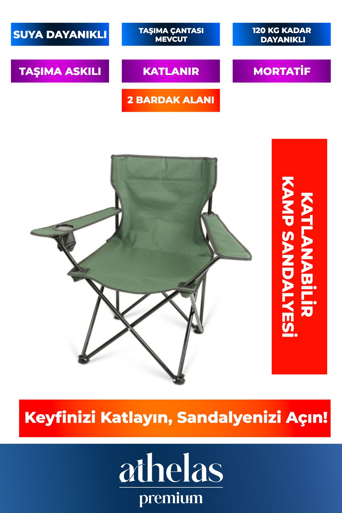 Athelas 120 Kg Dayanıklı Çantalı Katlanabilir Taşıma Askılı Piknik Plaj Balıkçı Kamp Sandalyesi Su Geçirmez