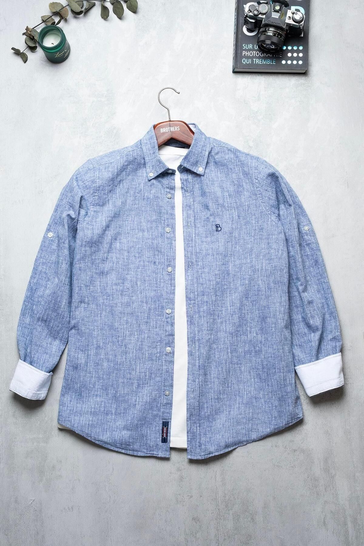 Brothers Erkek Tailored Fit Uzun Kol Logo Nakışlı Yıkamalı Pamuk Keten Gömlek Lindy Ls B01.251.709 -
