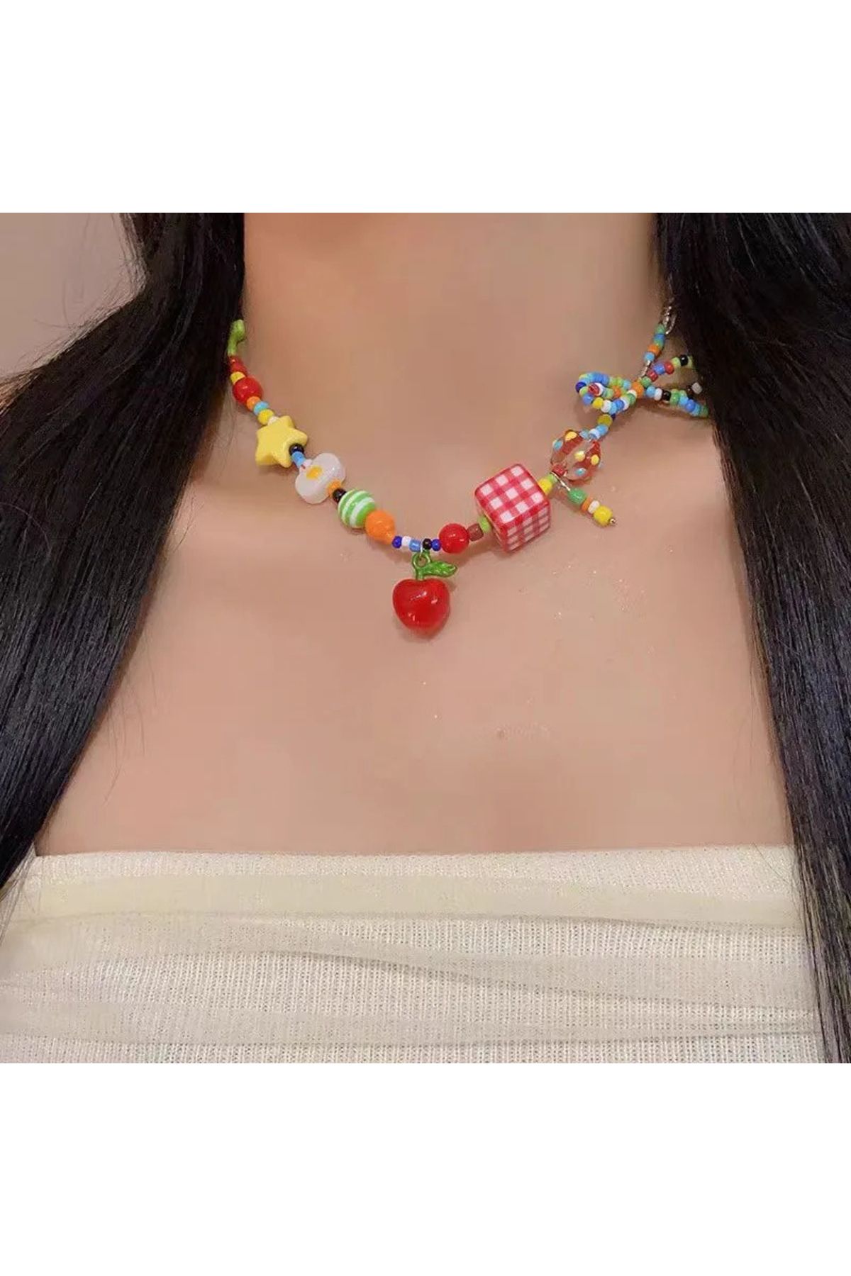 WasWink Renkli Boncuklu Kadınlar İçin Şirin Choker Kolye - Oyunbaz Yıldız, Kalp & Meyve Süsleri