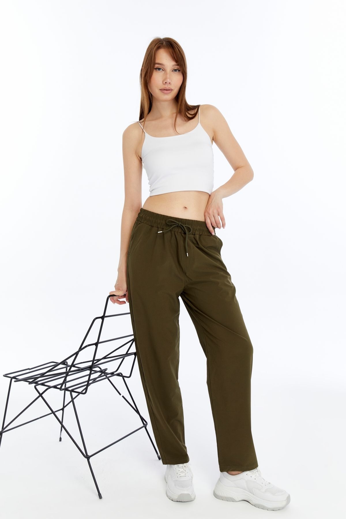 KRAVEN Kadın Haki Yazlık Oversize Düz Paça Paraşüt Kumaş Eşofman Bol Relaxed Pantolon