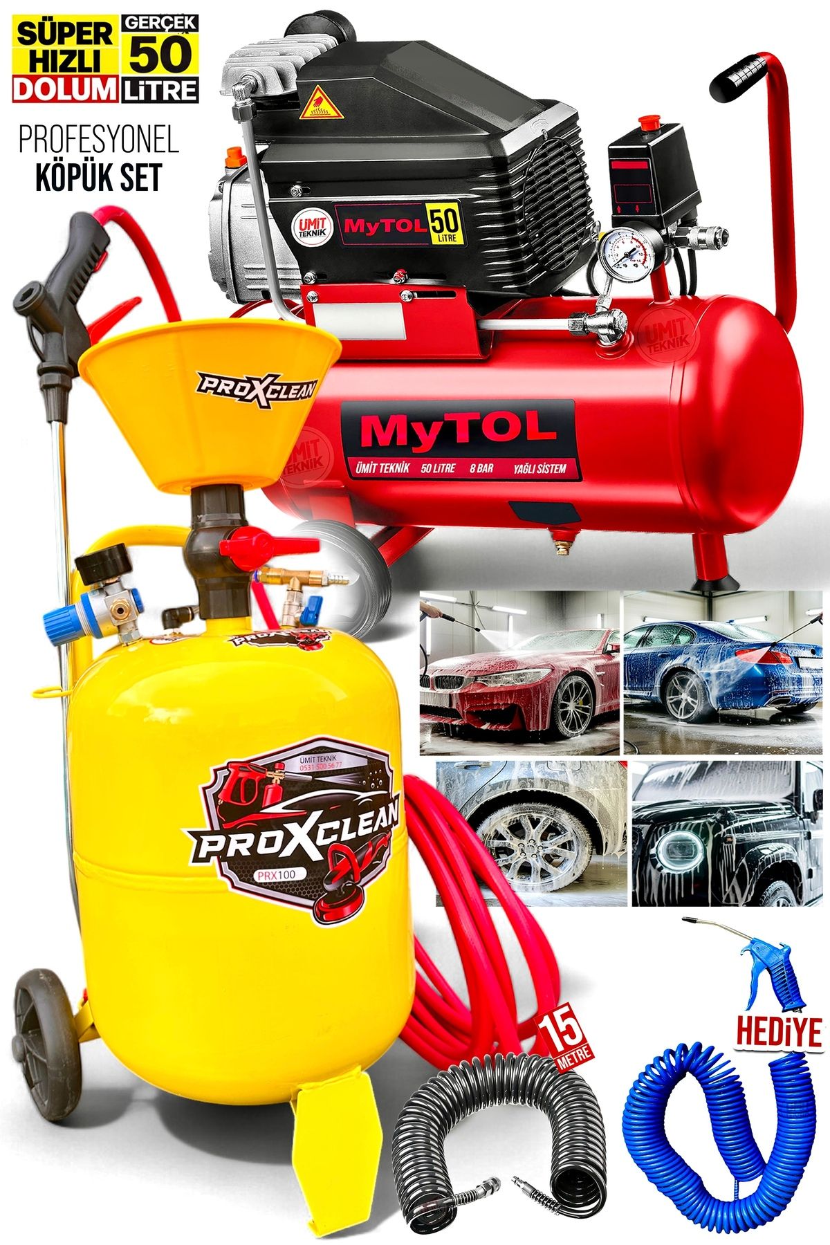 PROXCLEAN Havalı Detailing 35 Litre Köpük Püskürtme 50 Litre Hava Kompresörü 7 Metre Hortum Tabancalı 2Li Set