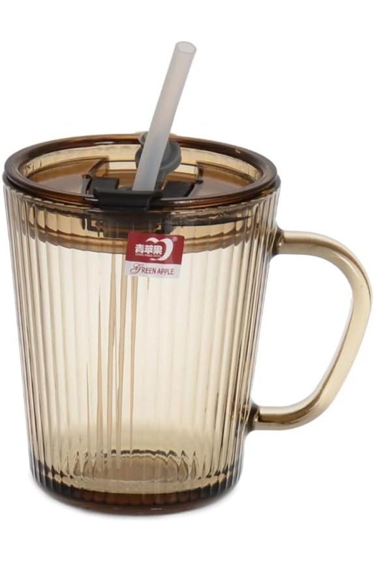 Mu Art Ahşap Pipetli Cam Kupa Bardak Çay Kahve Meşrubat Tatlı Bardağı Kahverengi 370 ml
