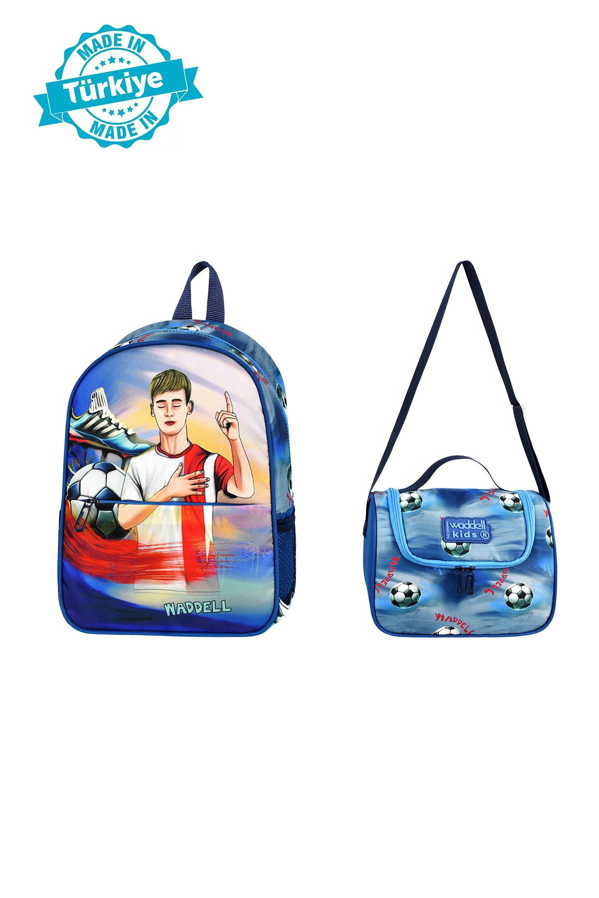 Royal Glow Kombin Futbol Desenli Anaokul Çantası ve Termal Beslenme Çantası Set