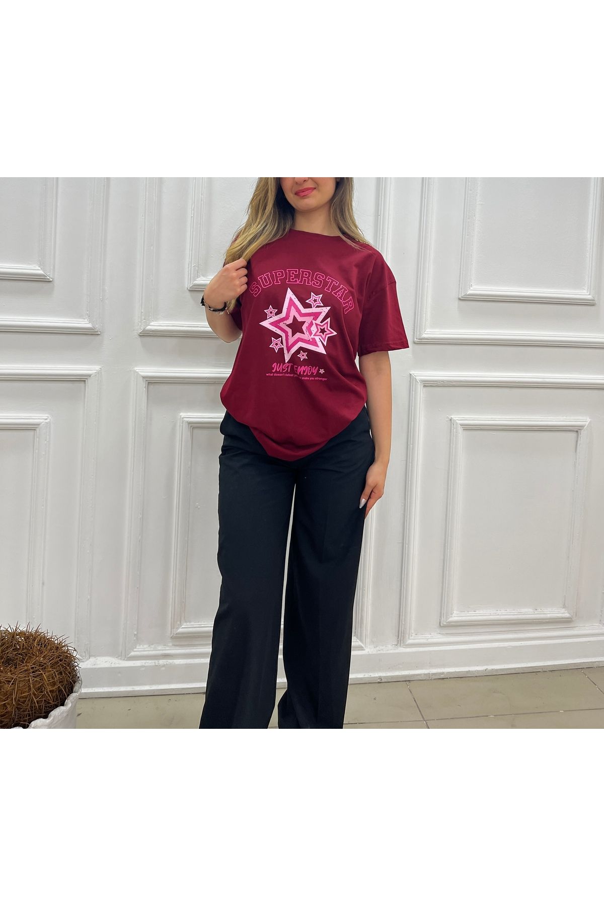 SheMy Trencola Oversize Ön Baskılı Pamuklu Kadın T-Shirt – Pannier Model
