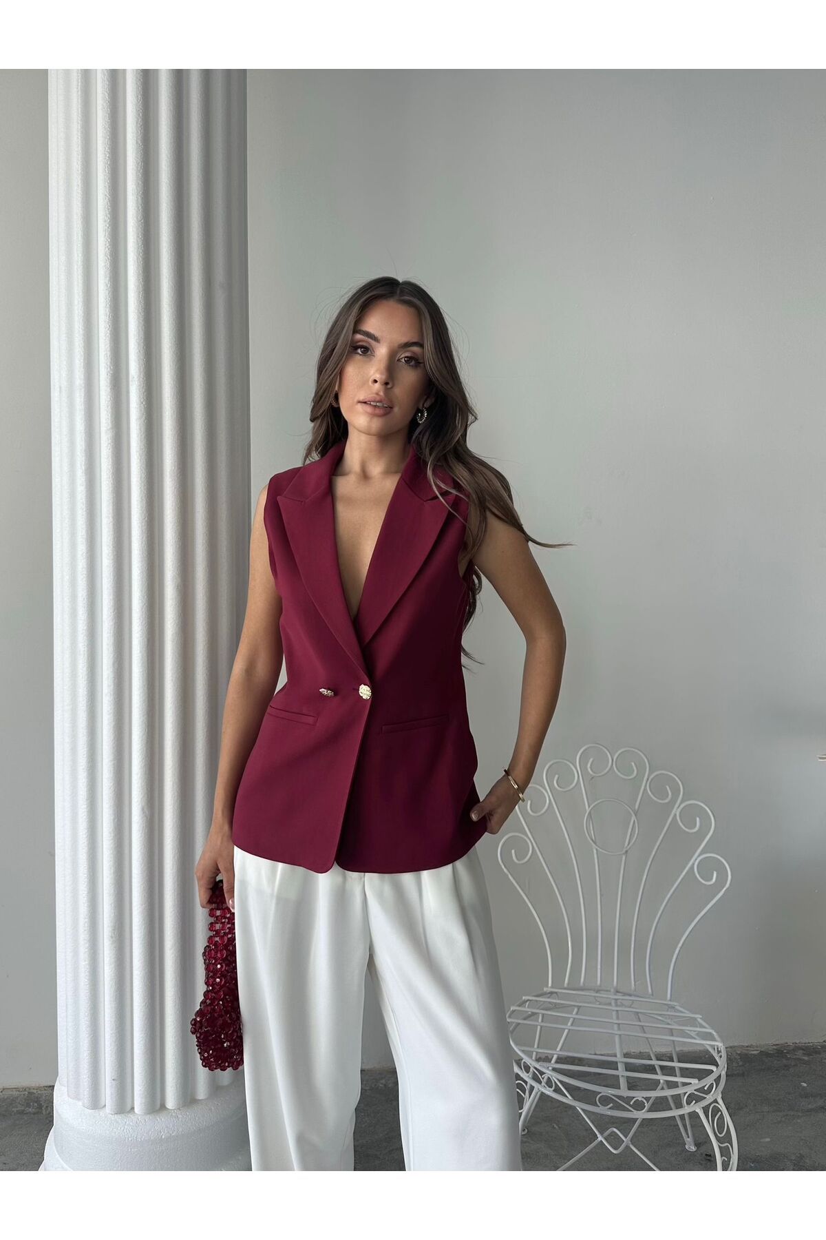 BUTİK ELAJ Kadın Bordo Modal Kumaş Yelek
