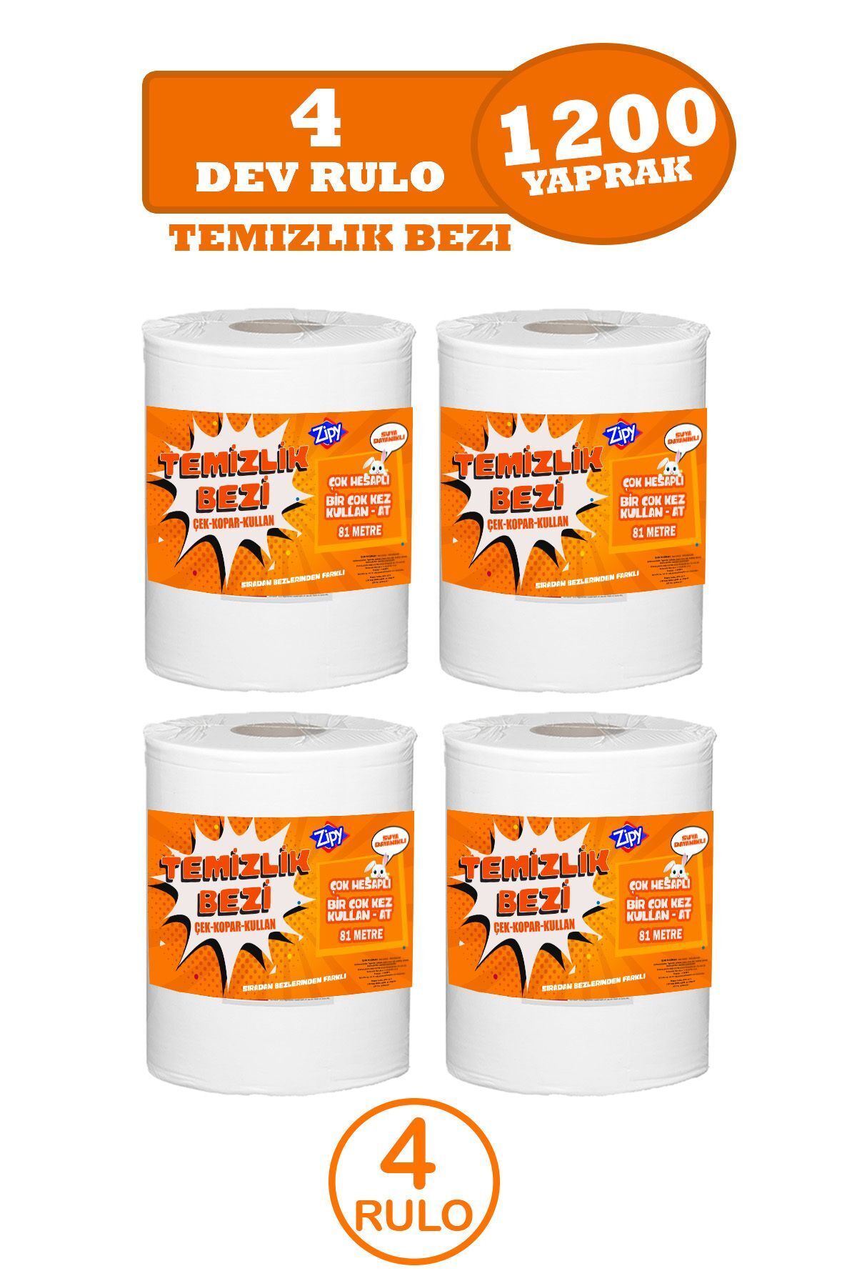 zipy 4'Lü Rulo Temizlik Bezi Toz Bezi Süper Dayanıklı Kullan At 300 Adet Bez