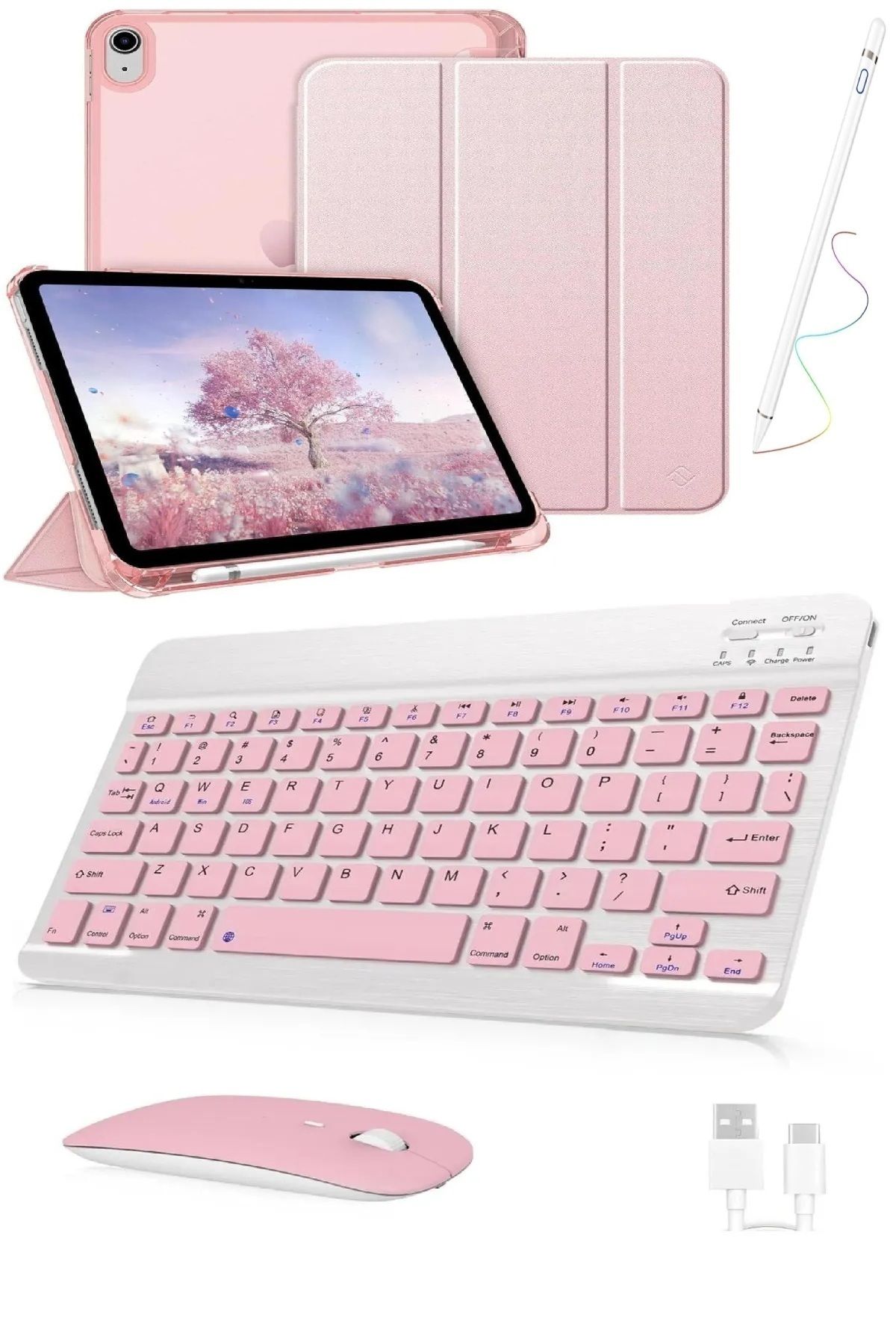 Covpor İpad Air 11inç M2/m3 Air 4/5.nesil 10.9 Uyumlu Flip Kılıf Rose + Bluetoothlu Klavye Mouse + Kalem