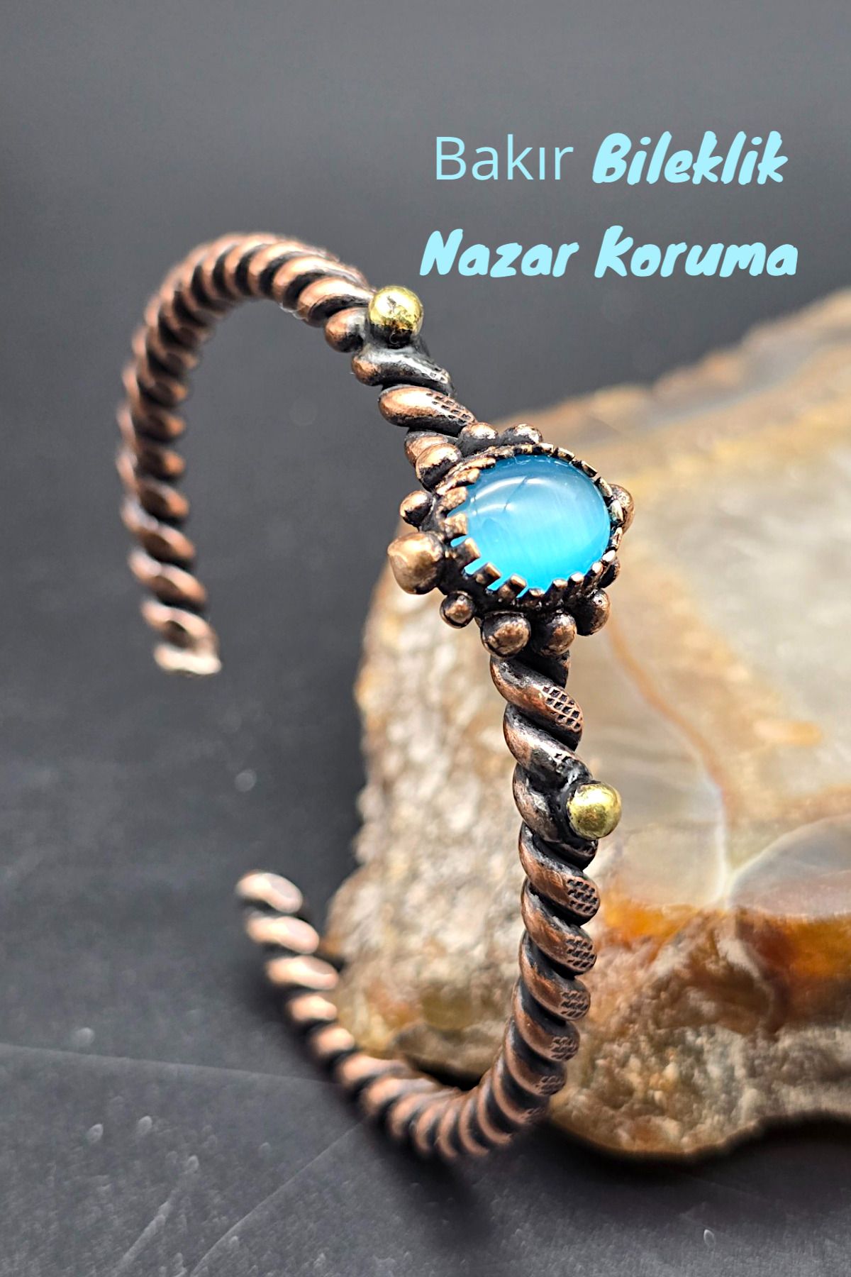 NBS Beautiful Naturel Stones Bakır Bileklik ( Saf ) Ayarlanabilir Kedi Göz Antik Benzersiz Tasarım Burma ( Nazar )